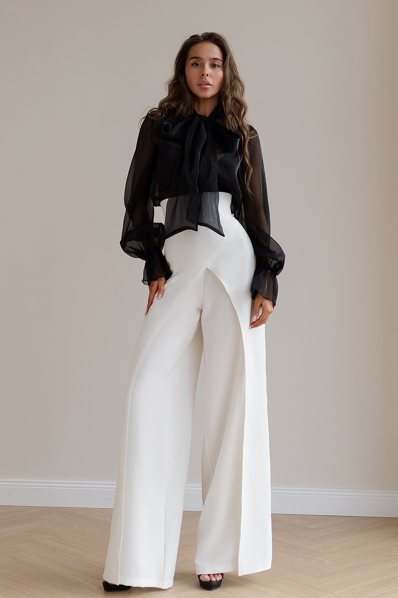 Beatrice White High-Waist Crepe Palazzo Pants