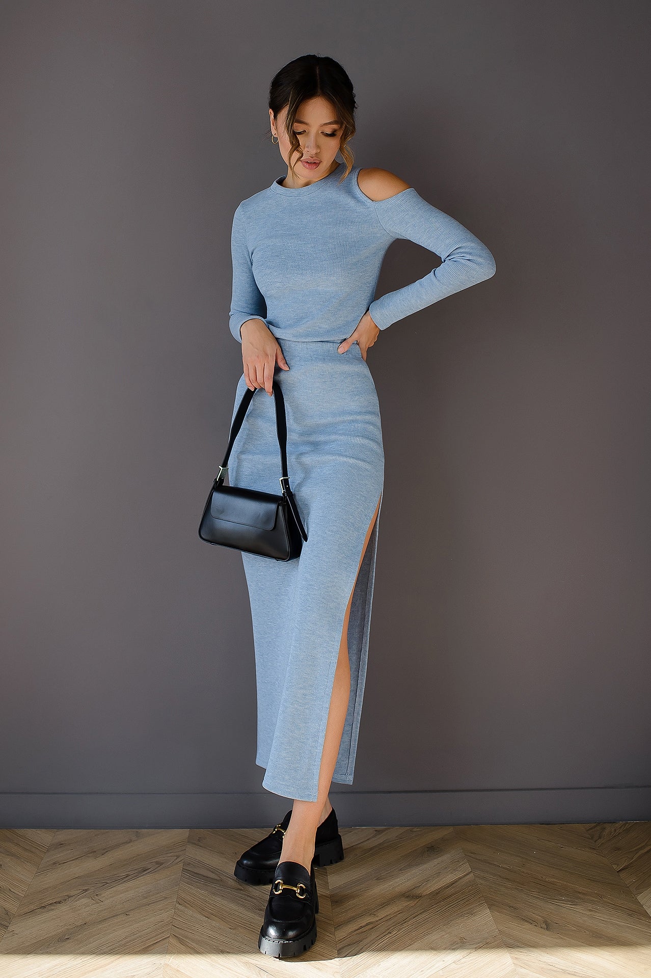 Giulia Sky-Blue Cut-Out Long Sleeve Ribbed Midi Dress