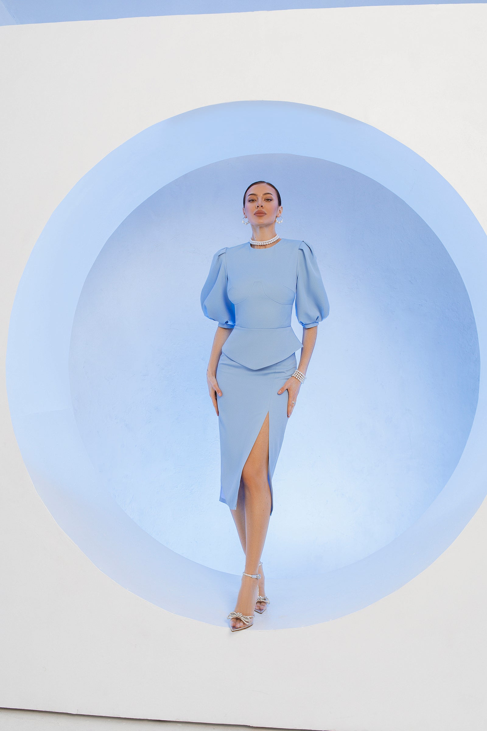 Adriana Sky-Blue Puff-Sleeve Top & Midi Skirt Two-Piece Set