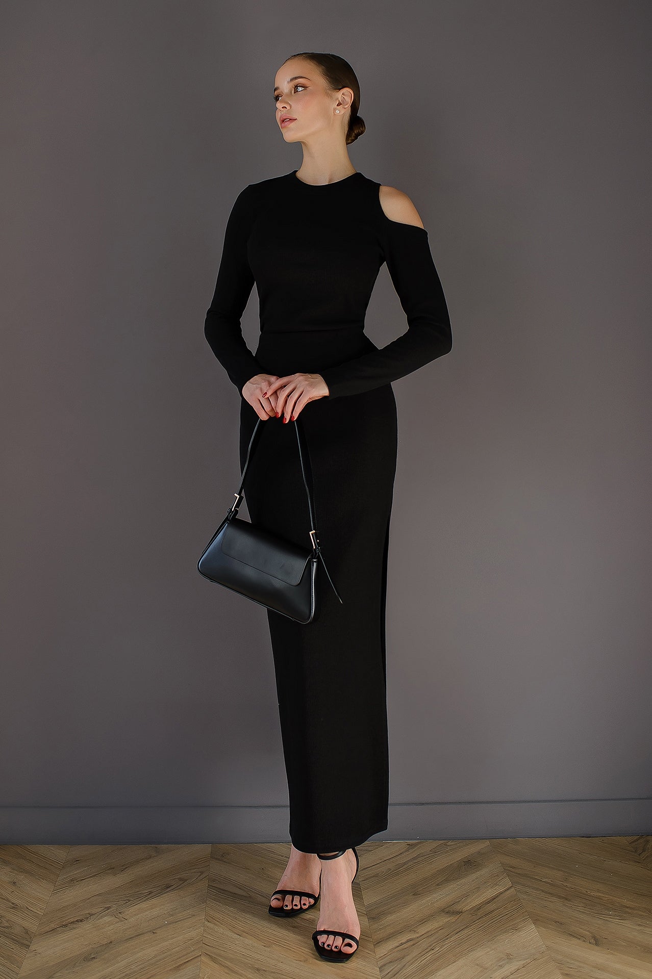 Giulia Black Cut-Out Long Sleeve Ribbed Midi Dress