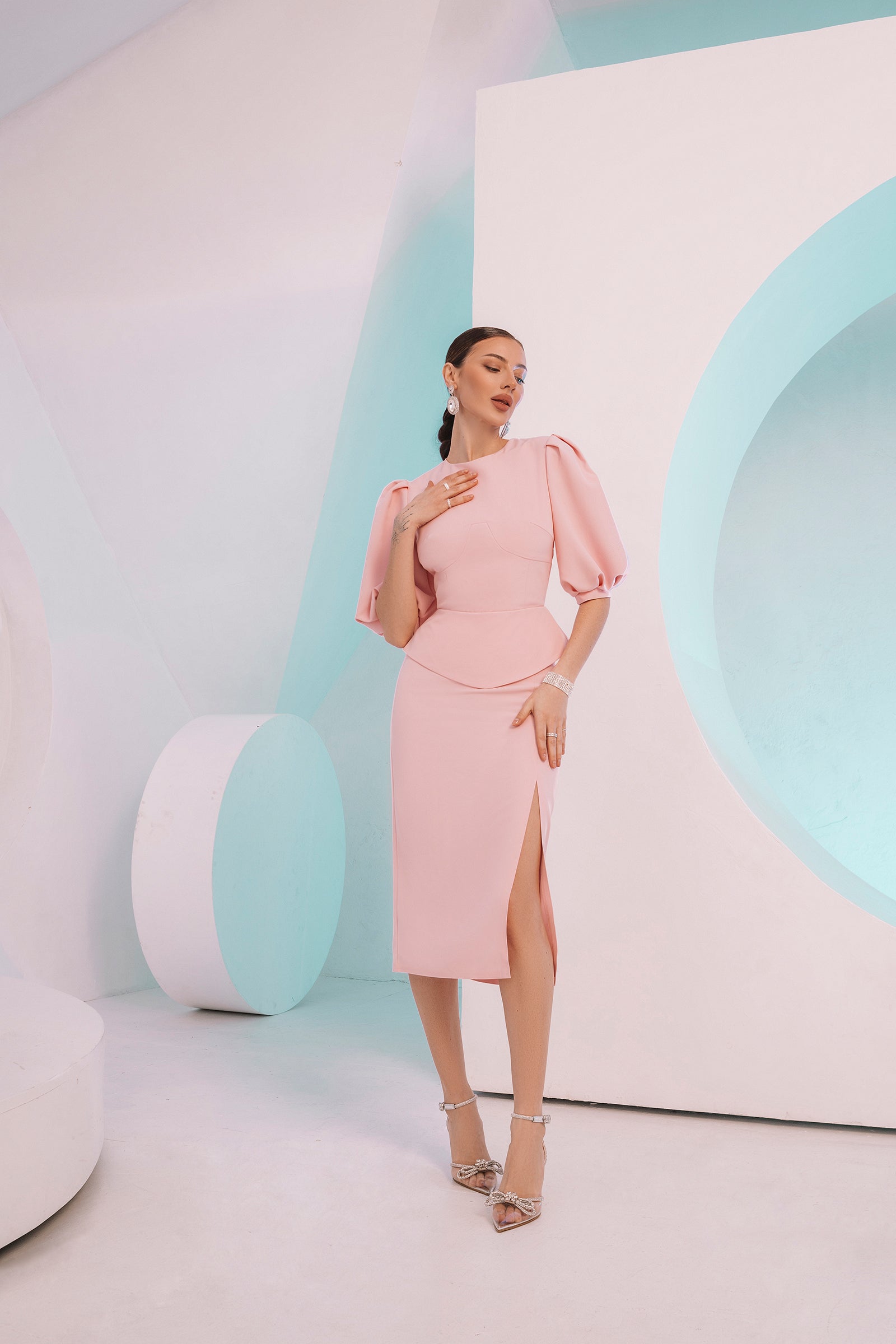 Adriana Pink Puff-Sleeve Top & Midi Skirt Two-Piece Set