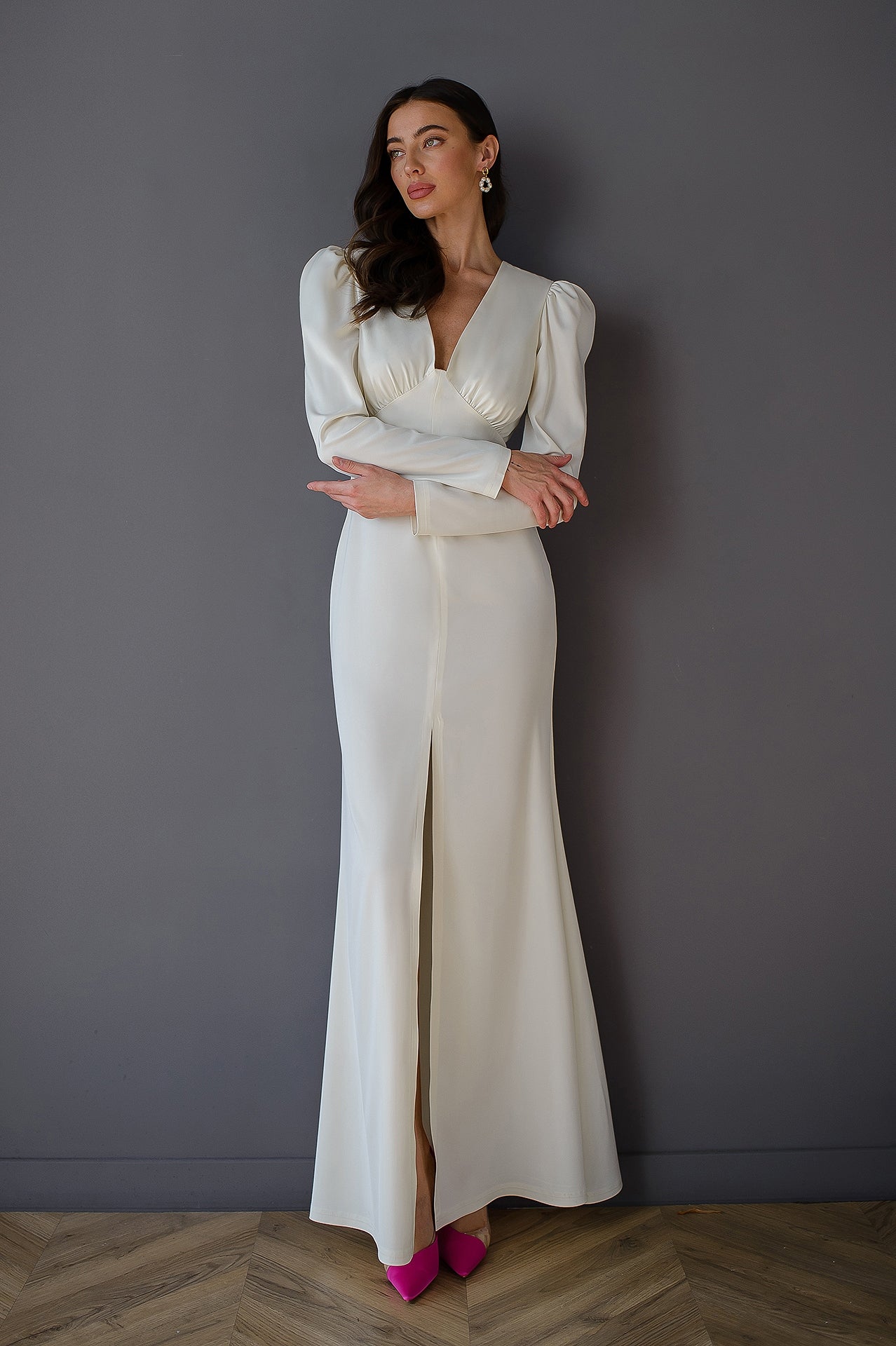 Adriana White Satin V-Neck Puff Sleeve Maxi Dress