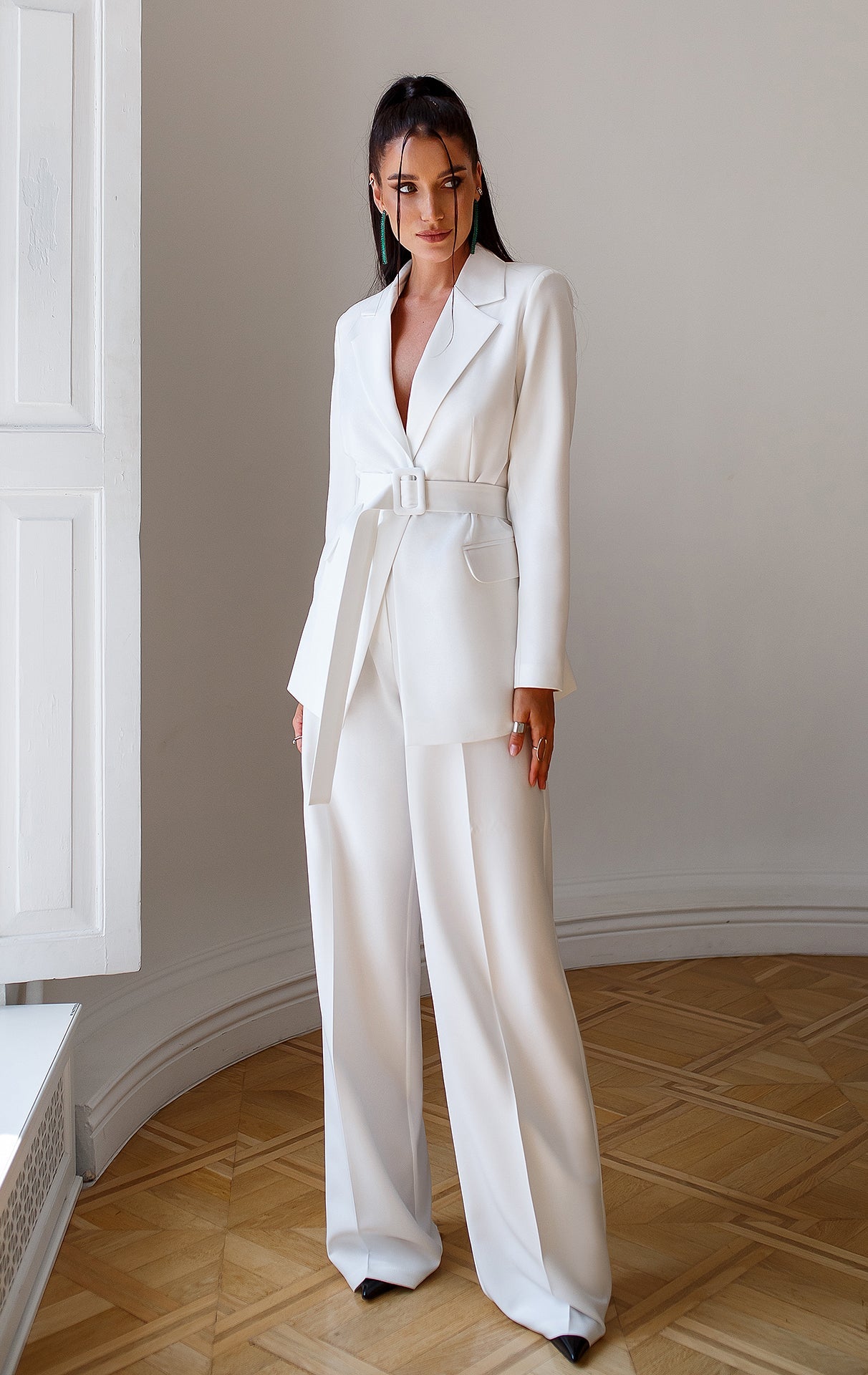 Adriana White Belted Wide-Leg Two-Piece Suit