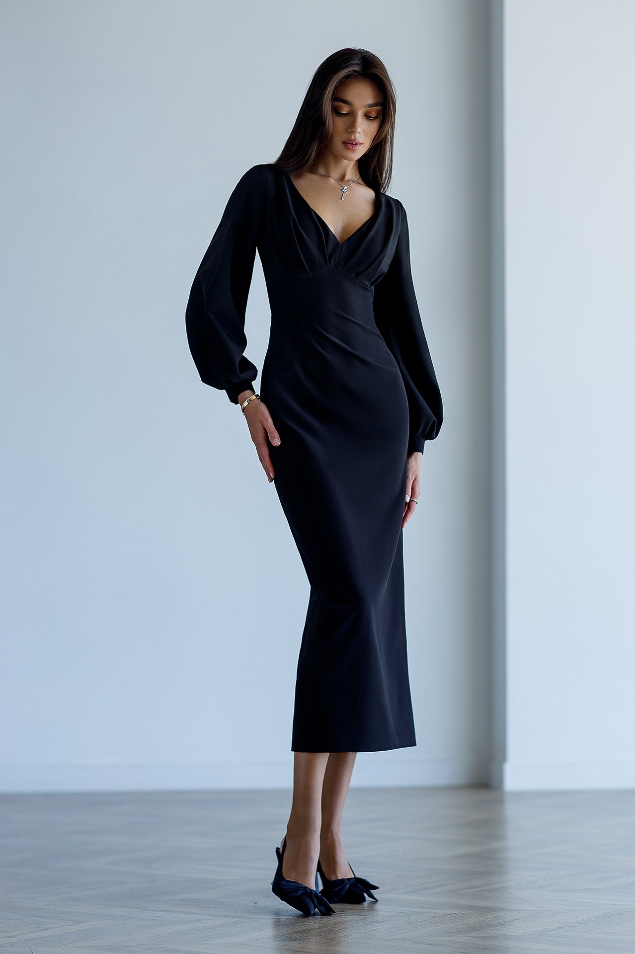 Adriana Black V-Neck Puff-Sleeve Midi Dress