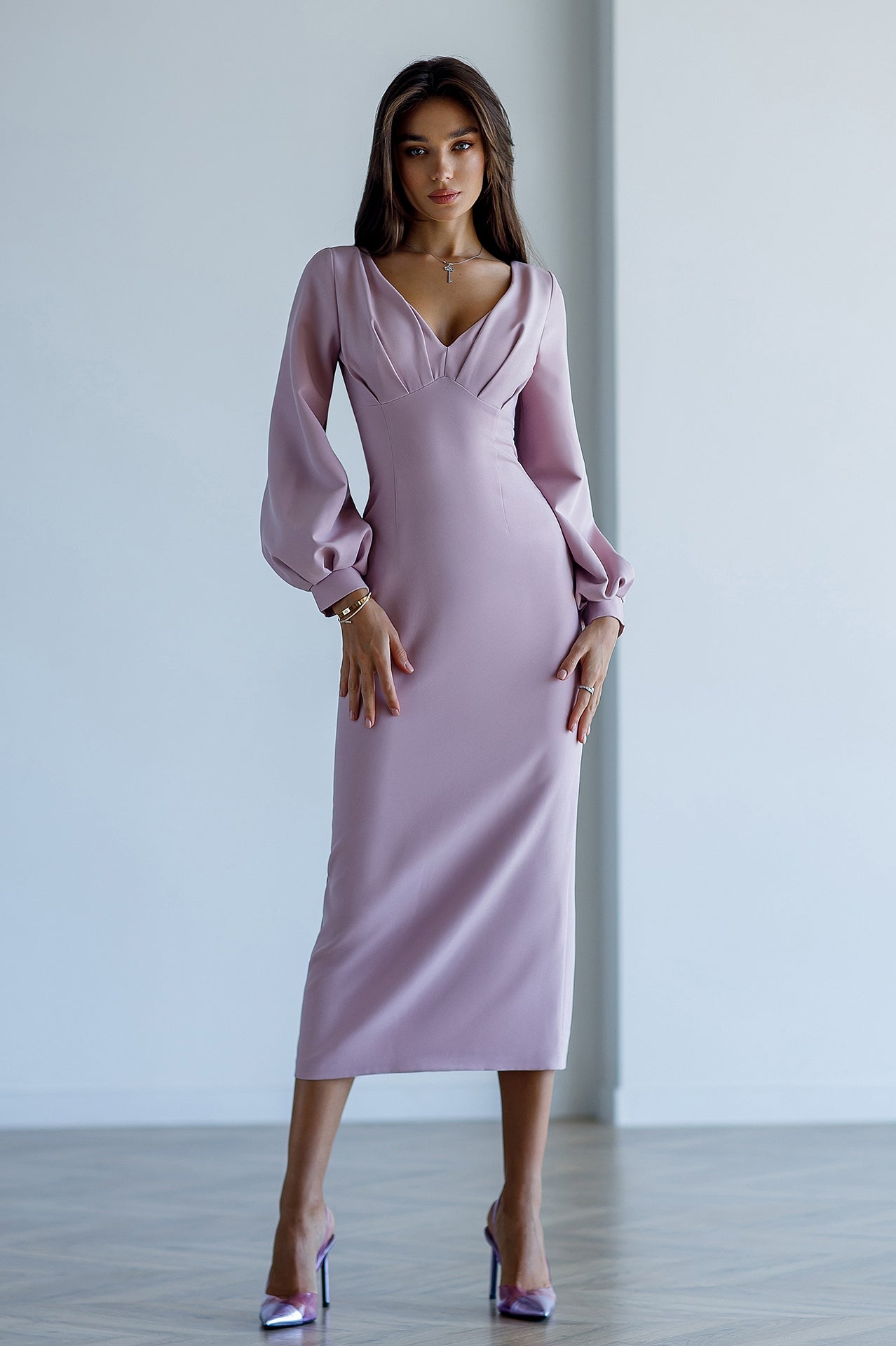 Adriana Dusty Pink V-Neck Puff-Sleeve Midi Dress