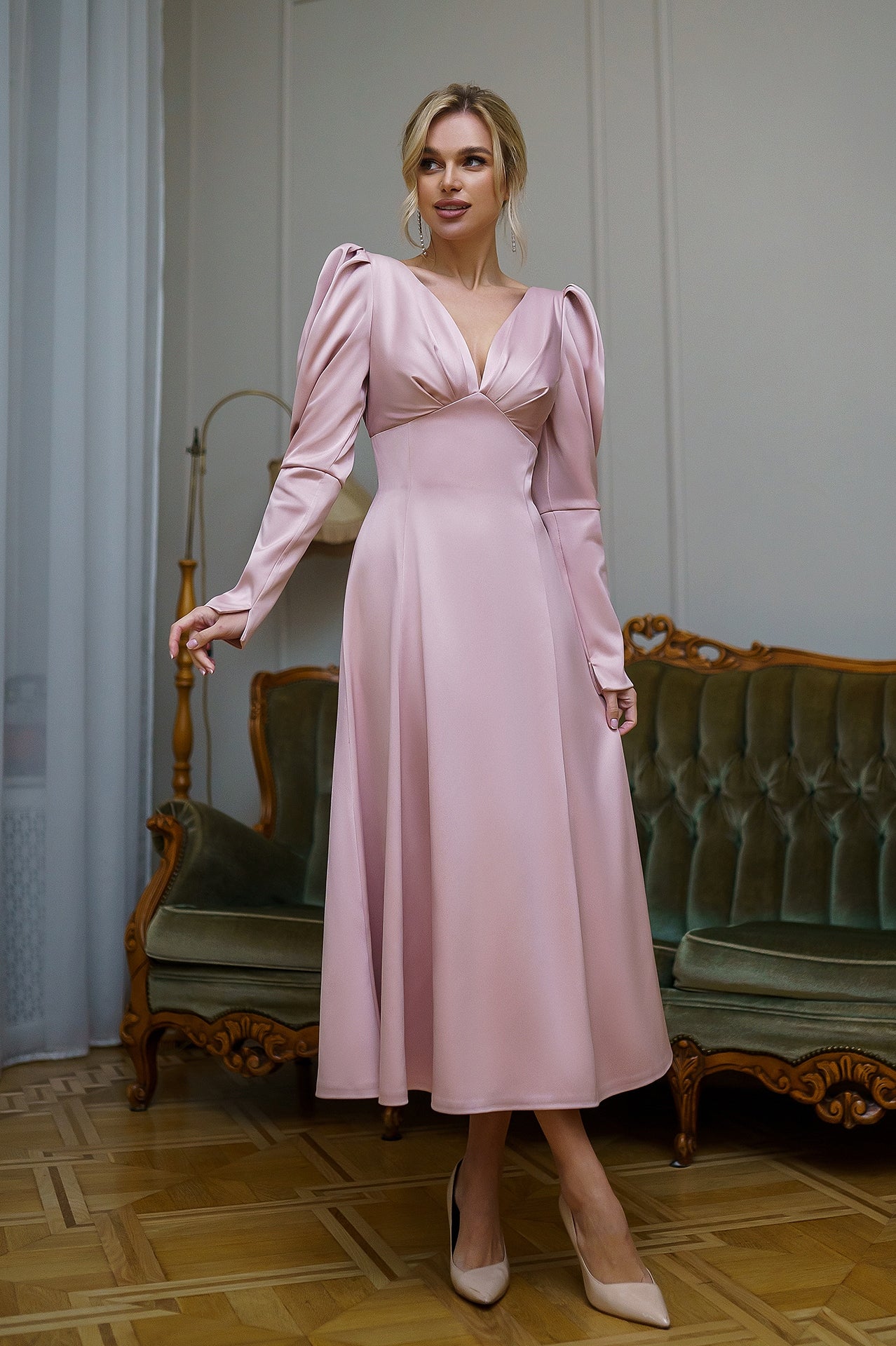 Dusty Pink Satin Bow Back Midi Dress