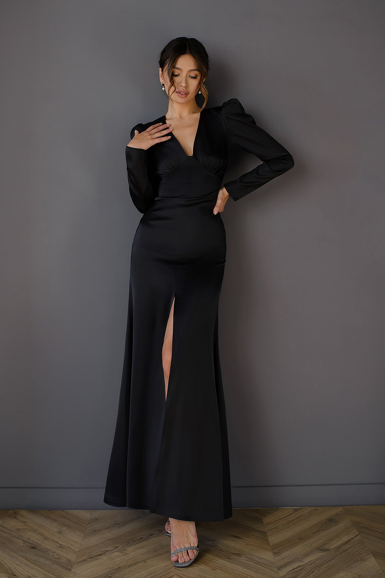 Adriana Black Satin V-Neck Puff Sleeve Maxi Dress