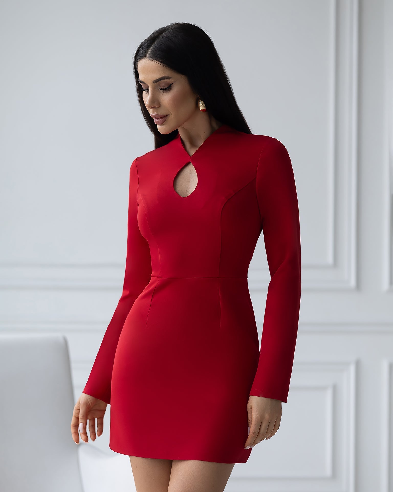 Monica Red Long-Sleeve Keyhole Mini Dress - front view | ELAGIA