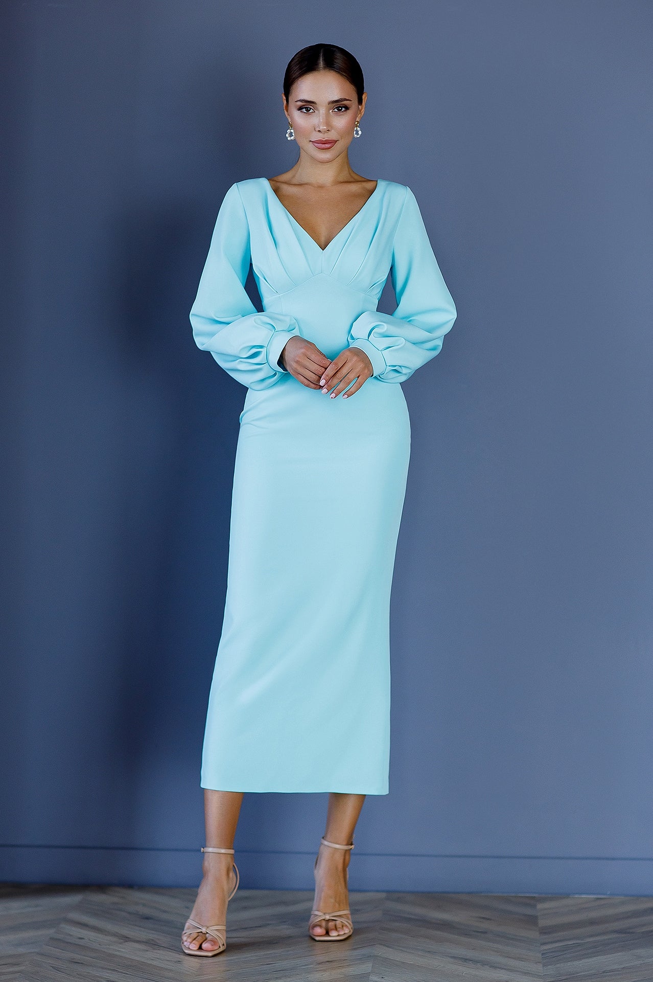 Adriana Tiffany-Blue V-Neck Puff-Sleeve Midi Dress