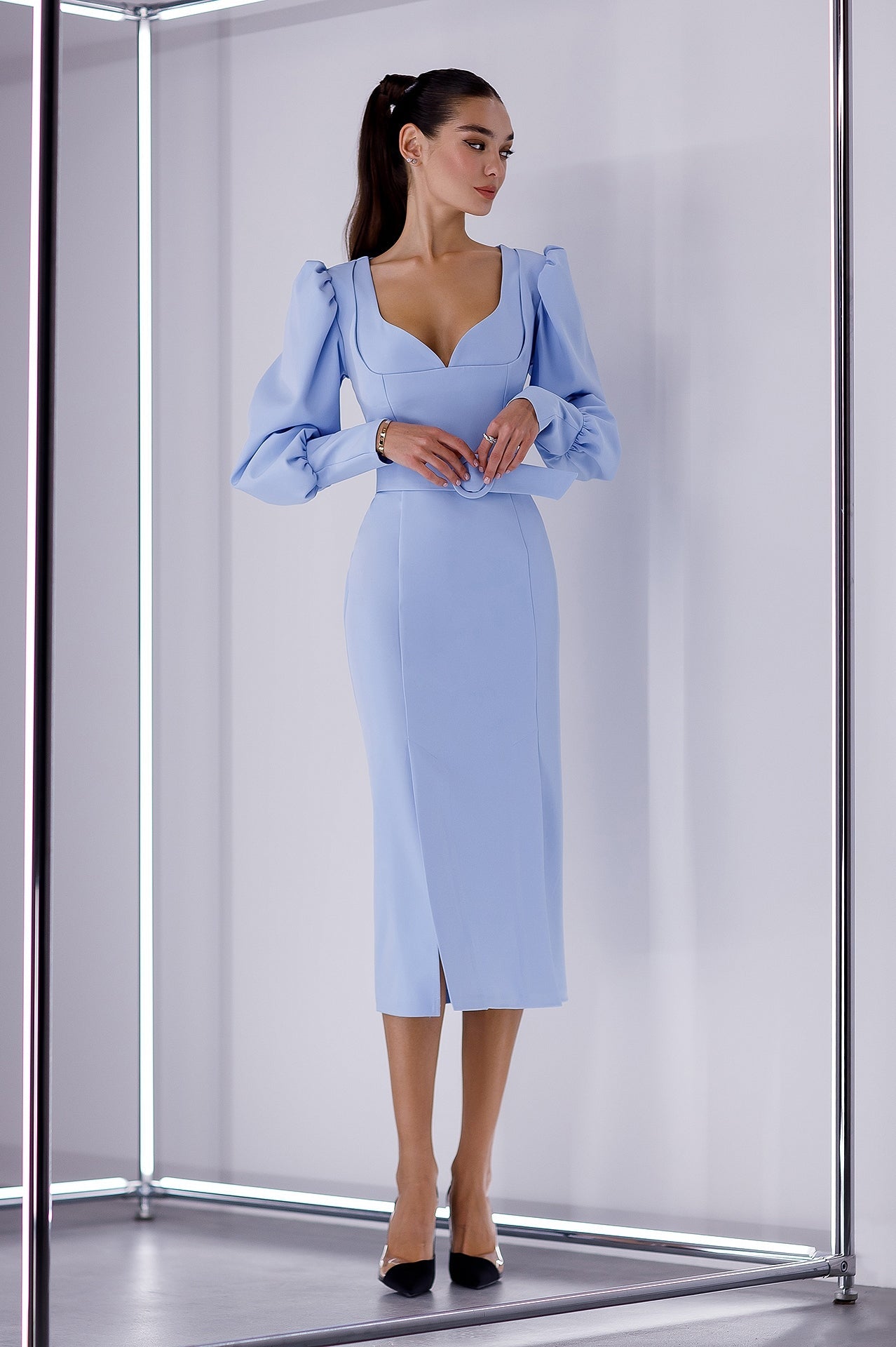 Adriana Sky-Blue Puff-Sleeve Belted Midi Dress