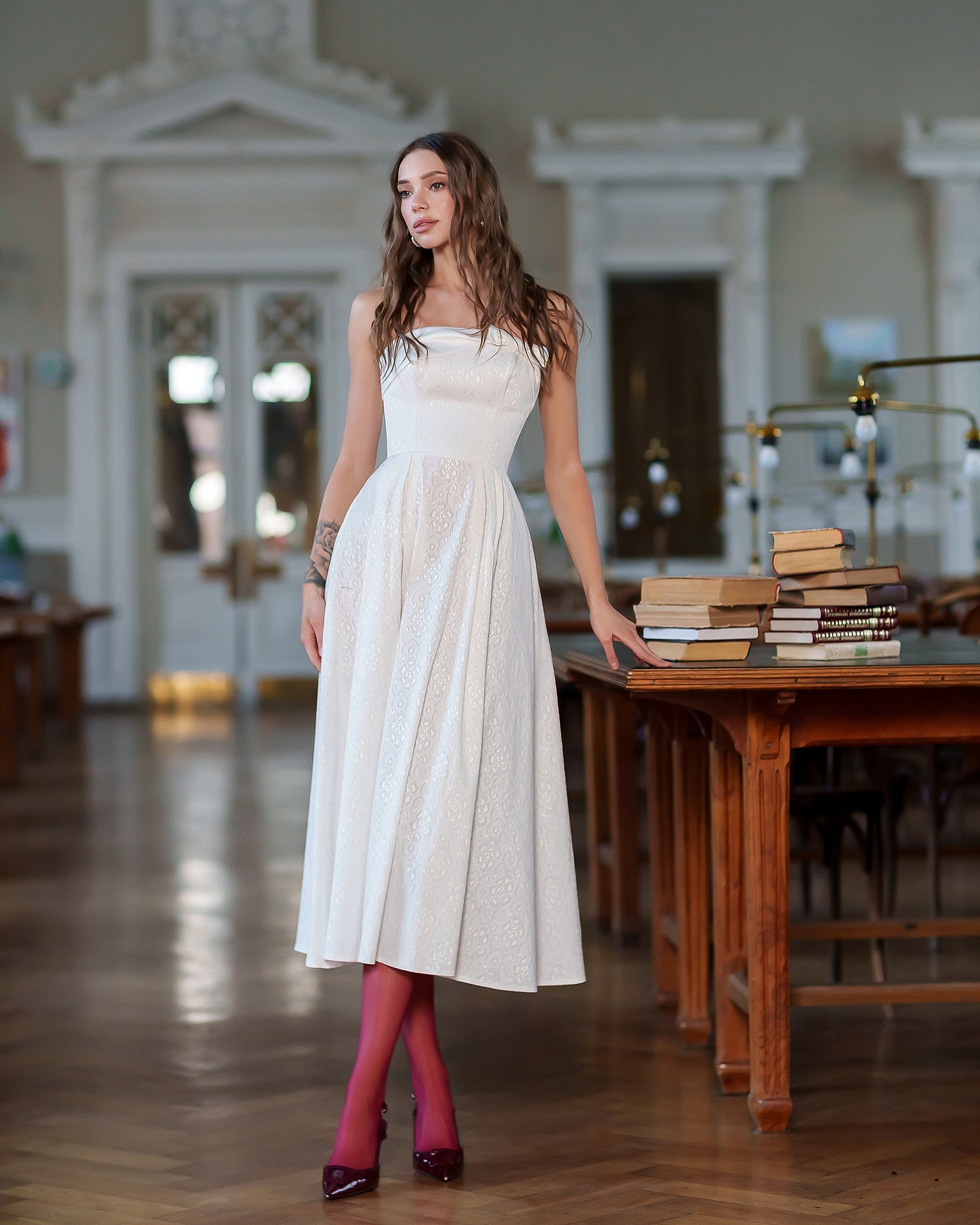 Francesca White Satin Strapless Bow-Detail Midi Dress