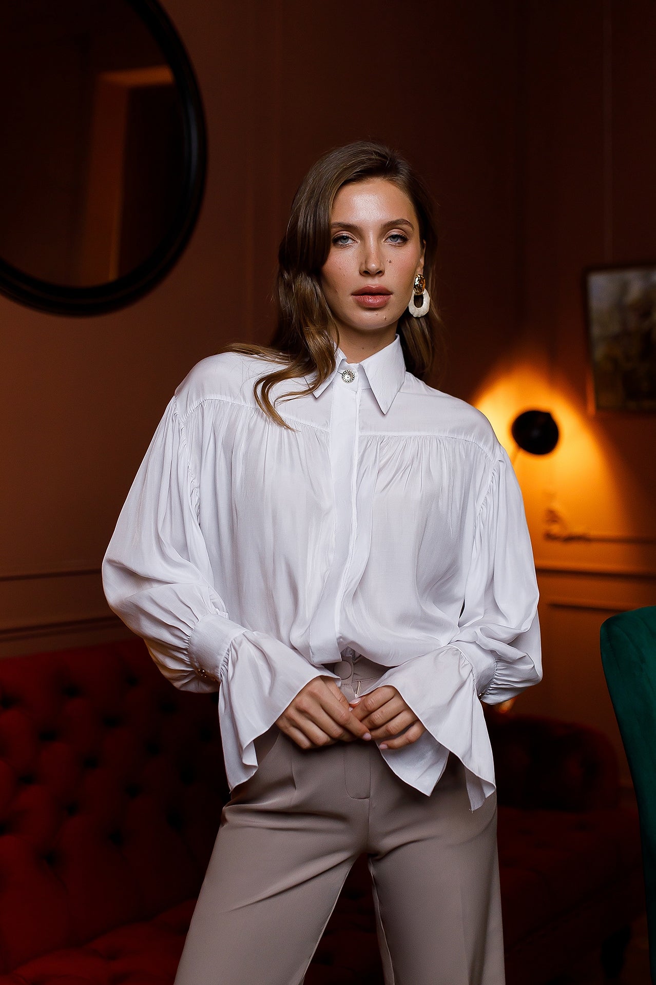 Mirella White Puff-Sleeve Sheer Blouse