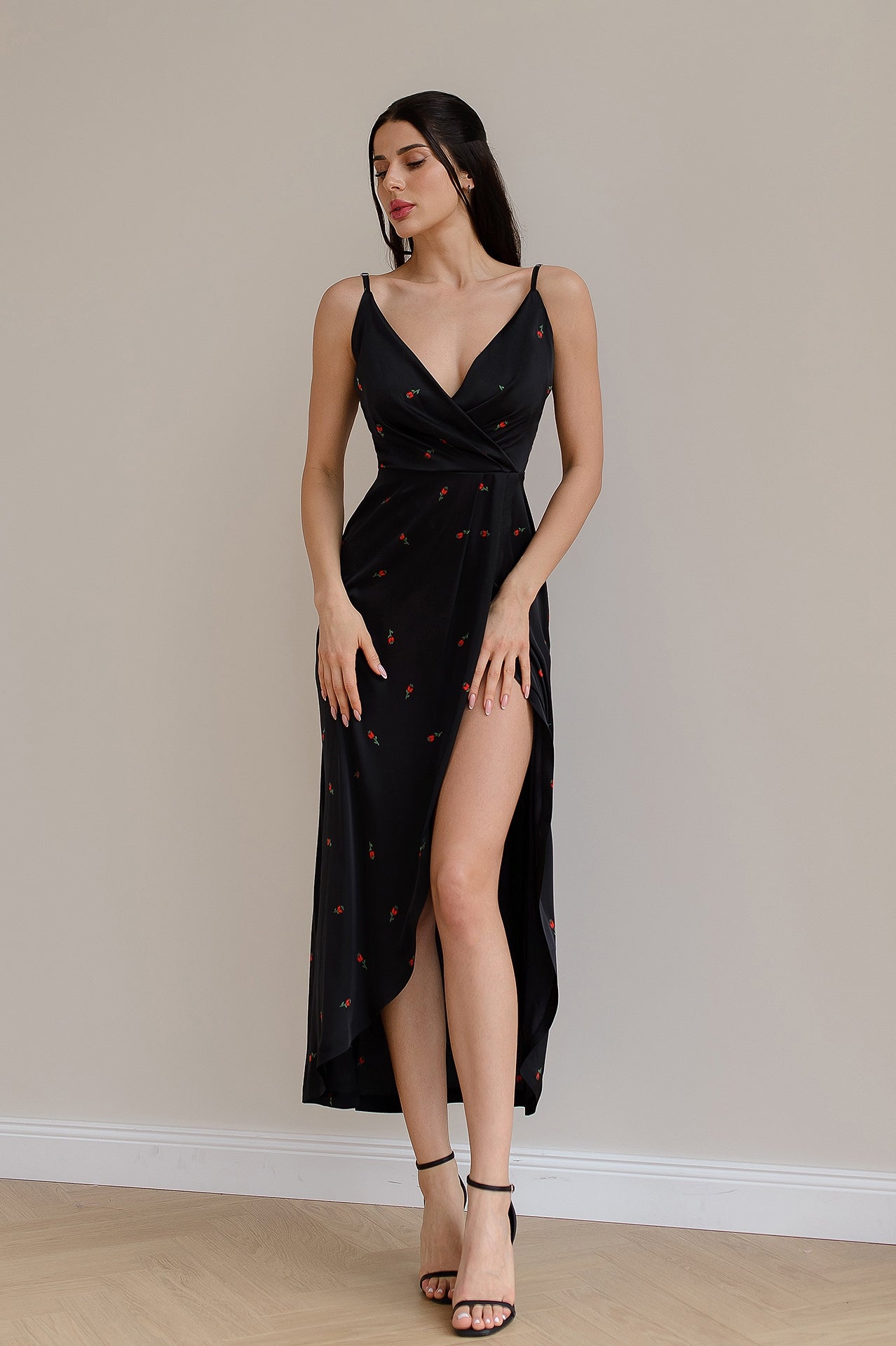 Adriana Black Floral-Print Faux Silk Slip Midi Dress