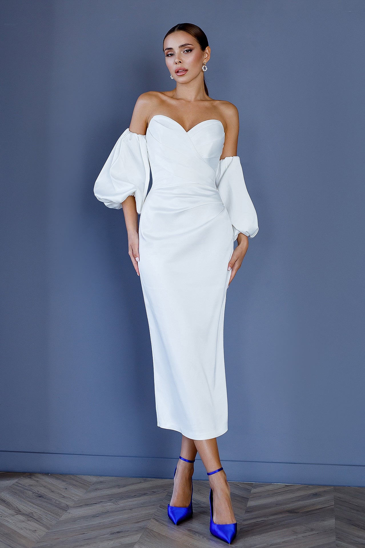 Beatrice White Satin Sweetheart Puff-Sleeve Corseted Midi Dress