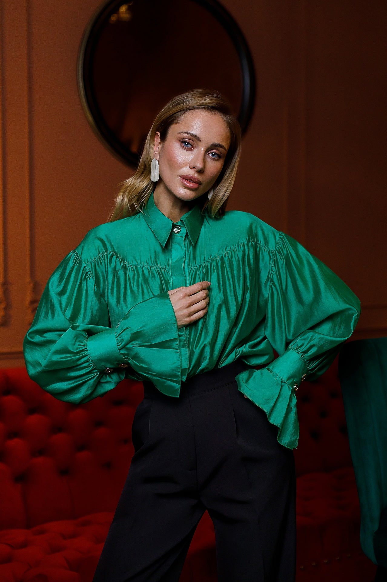 Mirella Green Puff-Sleeve Sheer Blouse