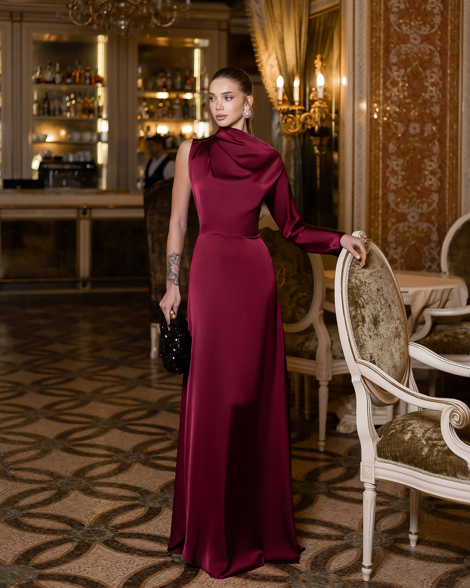 Aurora Bordeaux Satin Draped One-Shoulder Maxi Dress