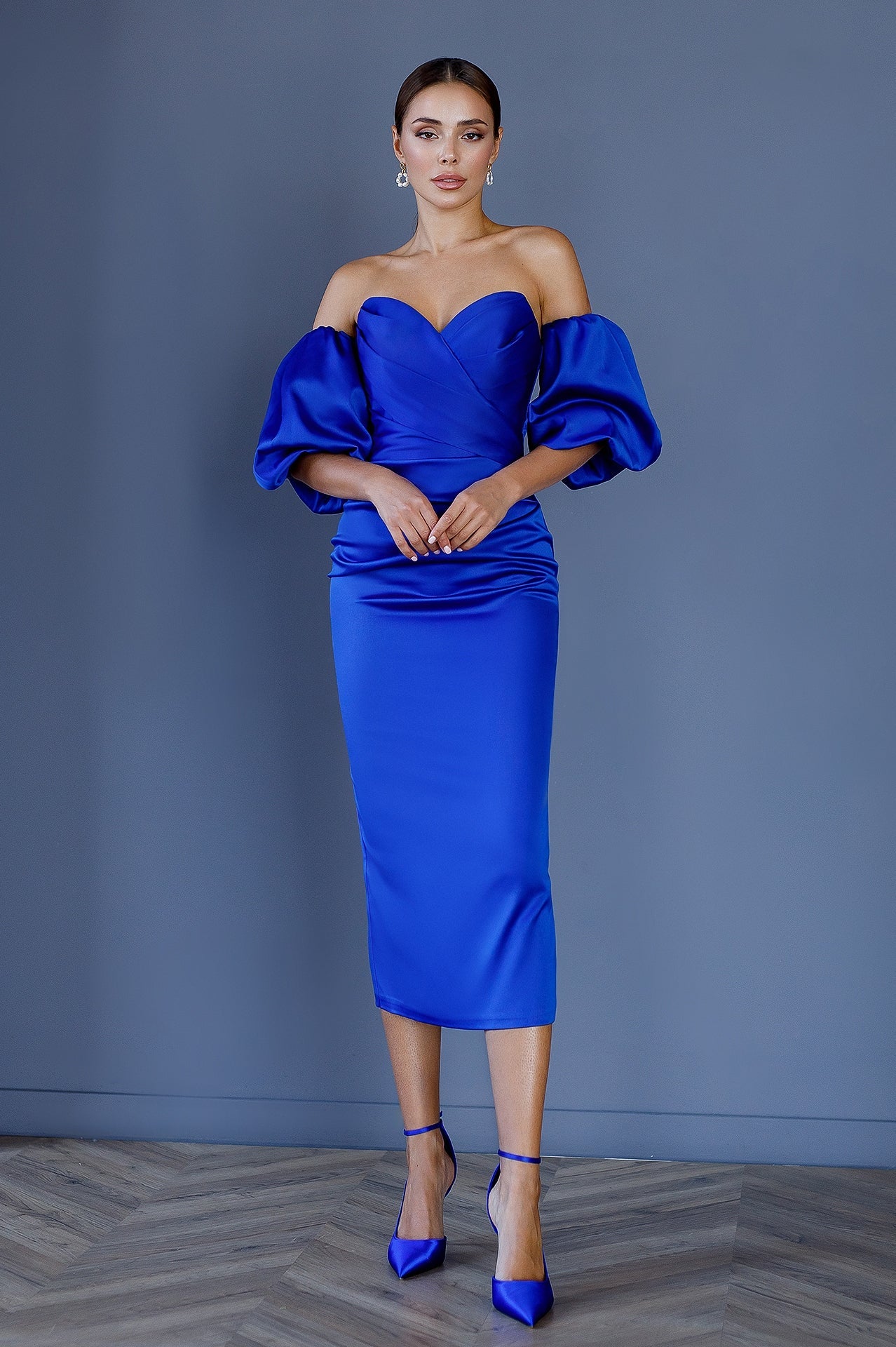 Beatrice Blue Satin Sweetheart Puff-Sleeve Corseted Midi Dress