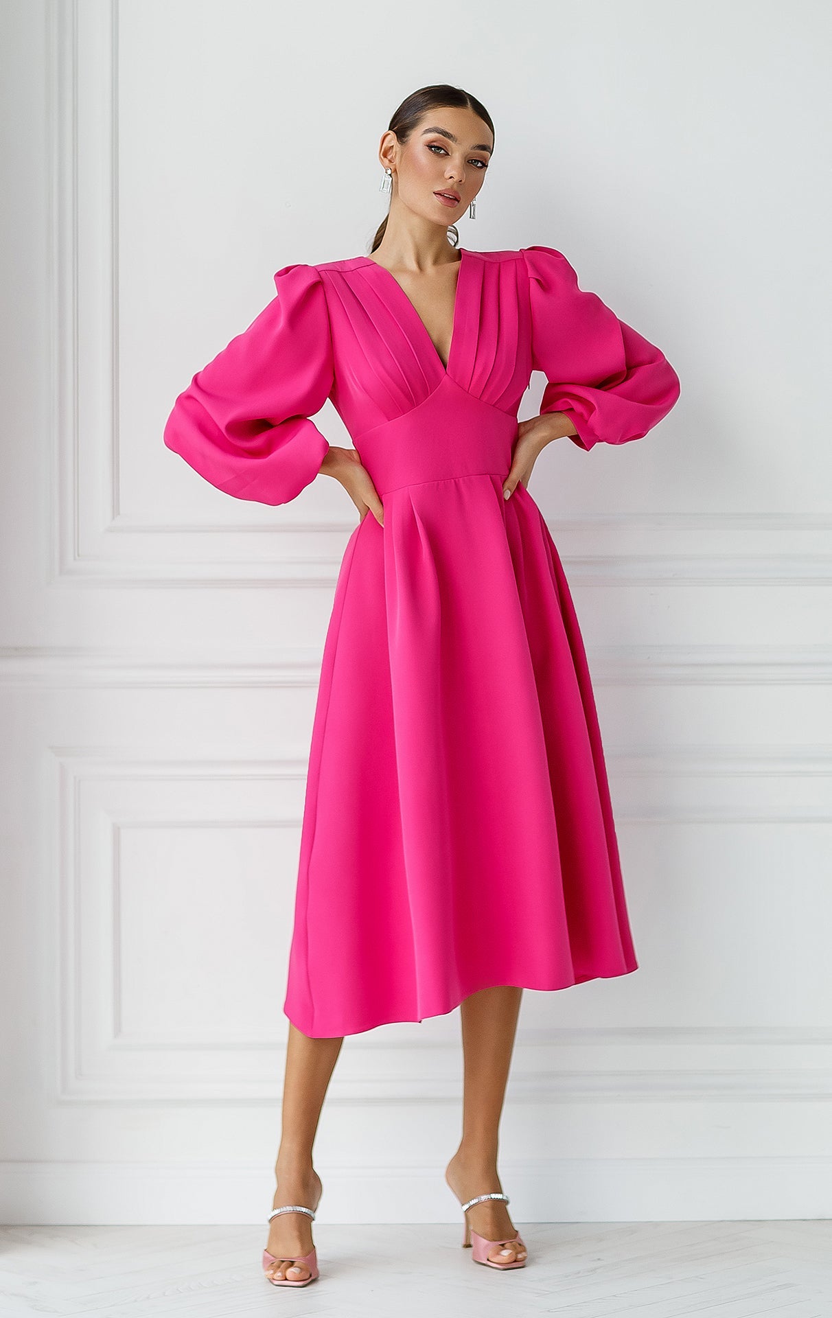 Adriana Crimson V-Neck Puff Sleeve Midi Dress