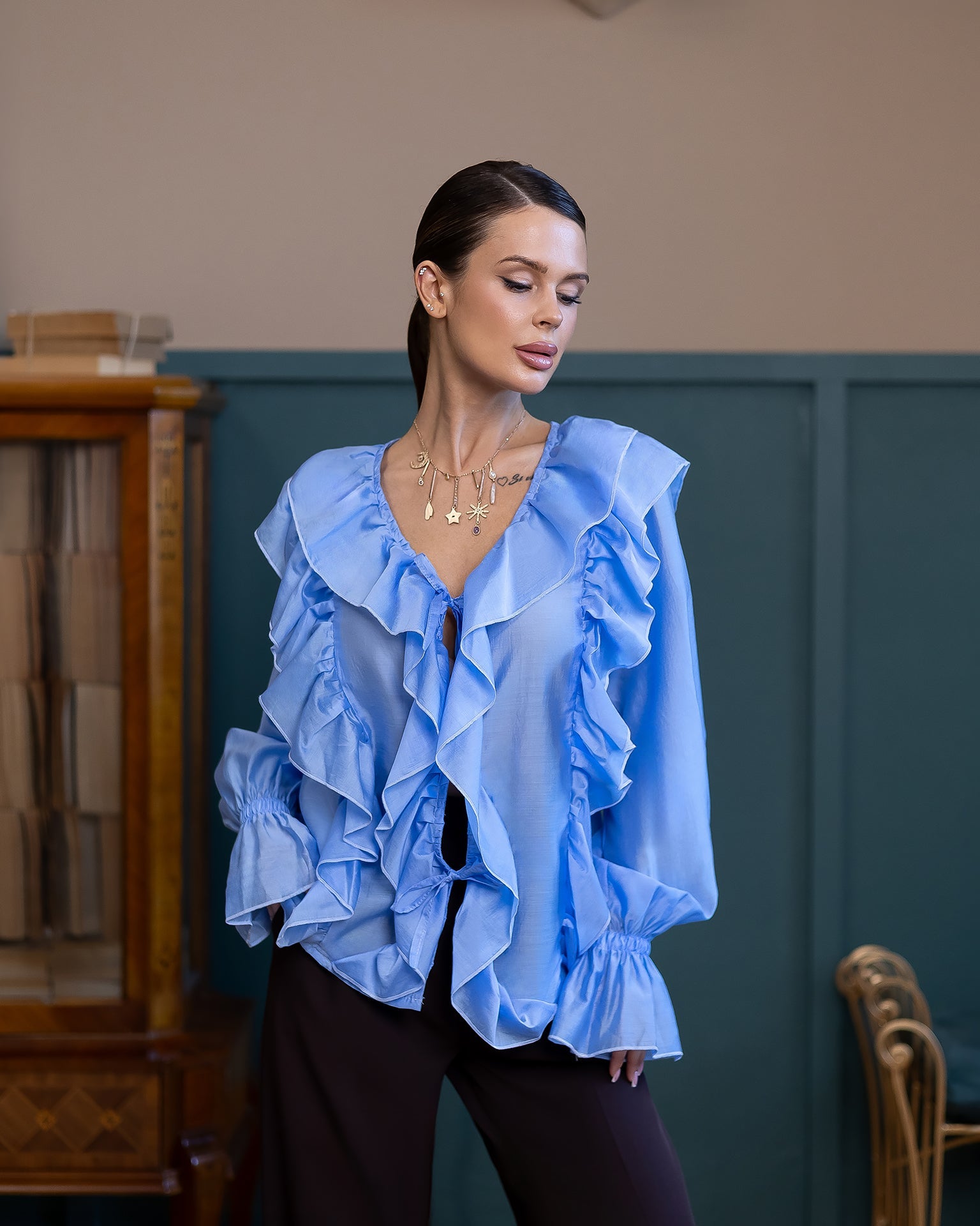 Adriana Sky-Blue Ruffled V-Neck Tencel Voile Blouse