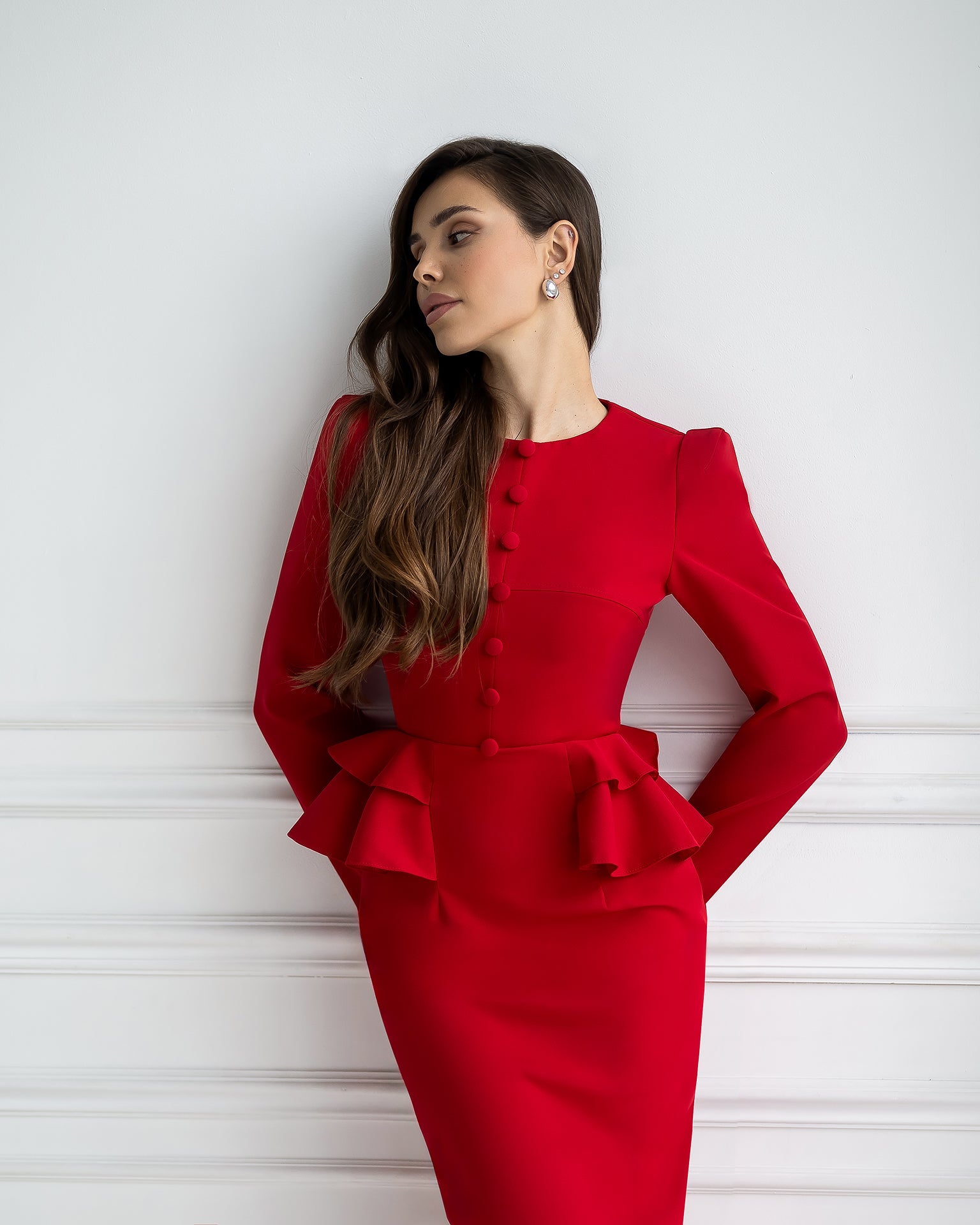 Chiara Red Button-Detail Long Sleeve Peplum Midi Dress