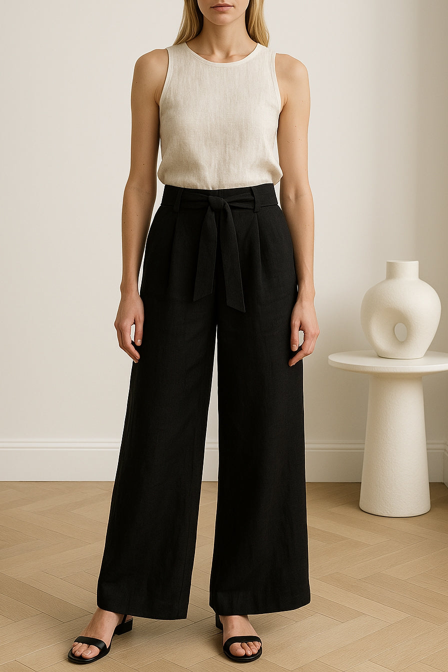 Francesca Black Linen Belted Palazzo Pants