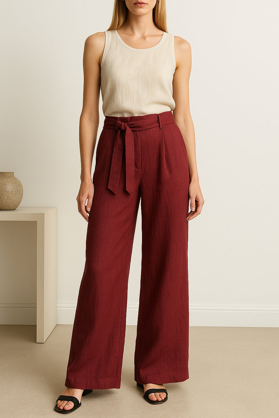 Fiamma Bordeaux Linen Belted High-Rise Palazzo Pants