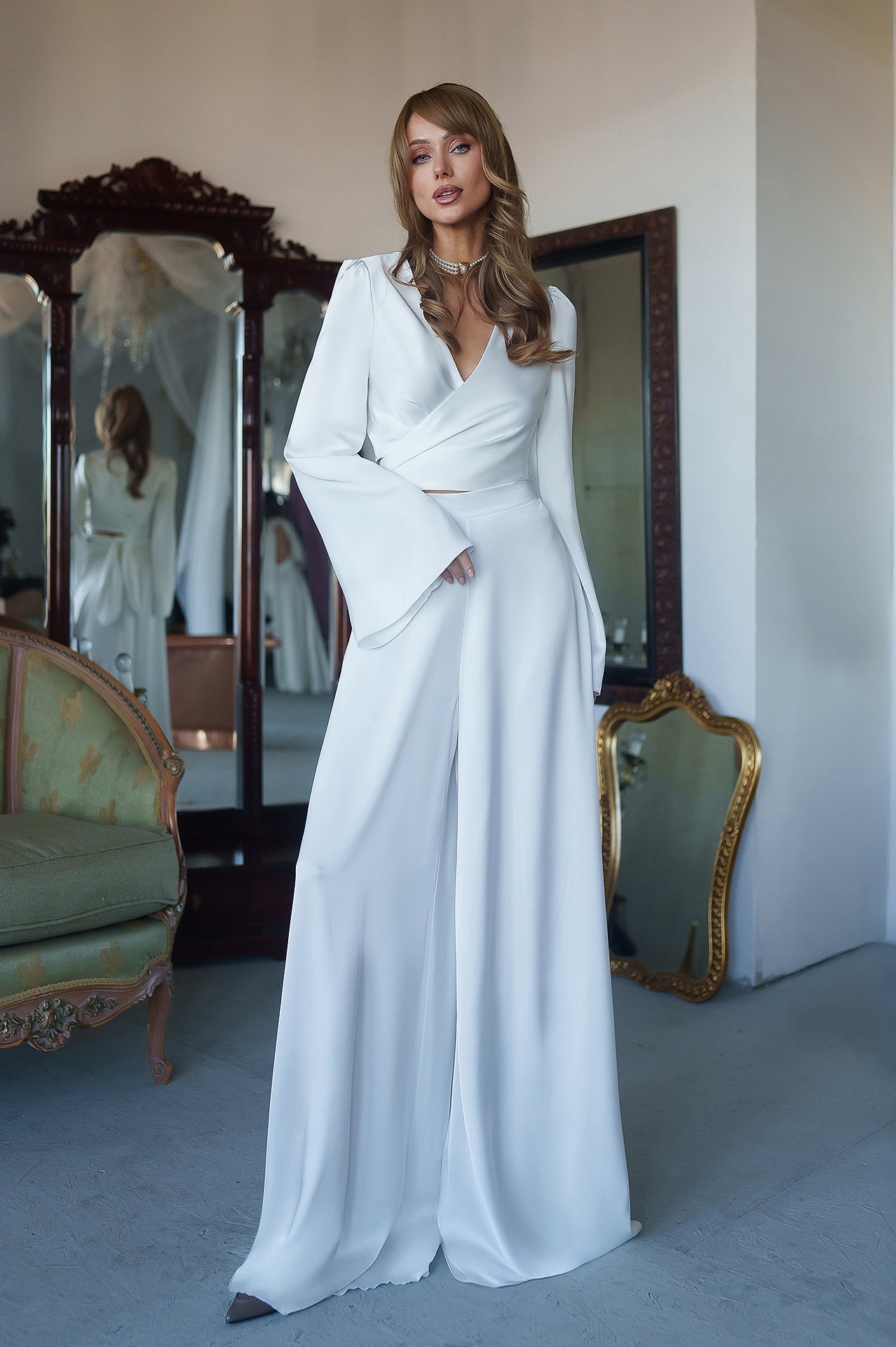 Beatrice White Satin Bell-Sleeve Wrap Top Two-Piece Set