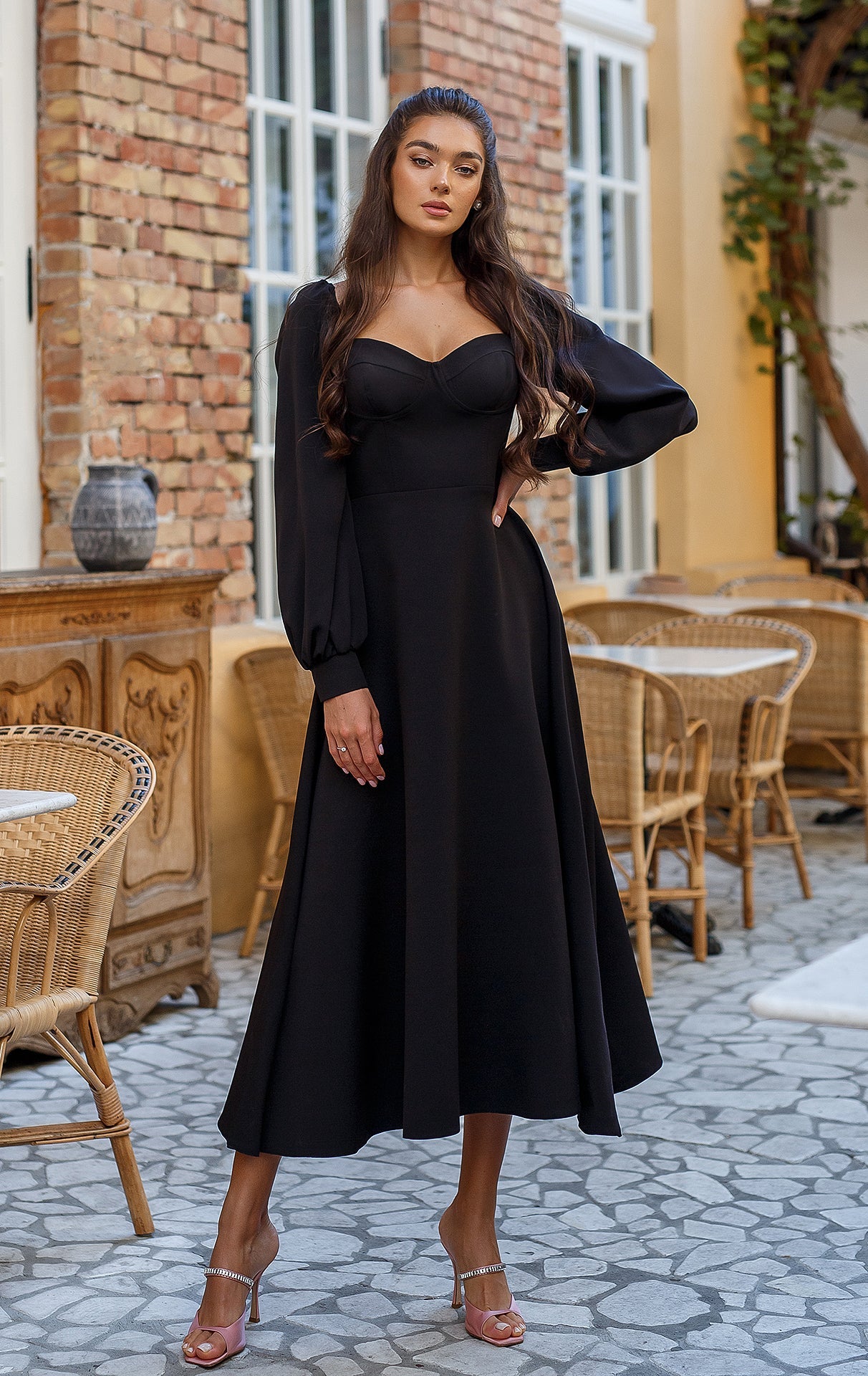 Adriana Black Puff-Sleeve Midi Dress