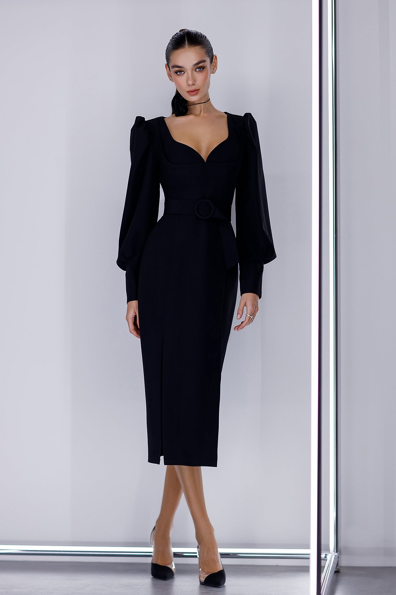 Adriana Black Puff-Sleeve Belted Midi Dress