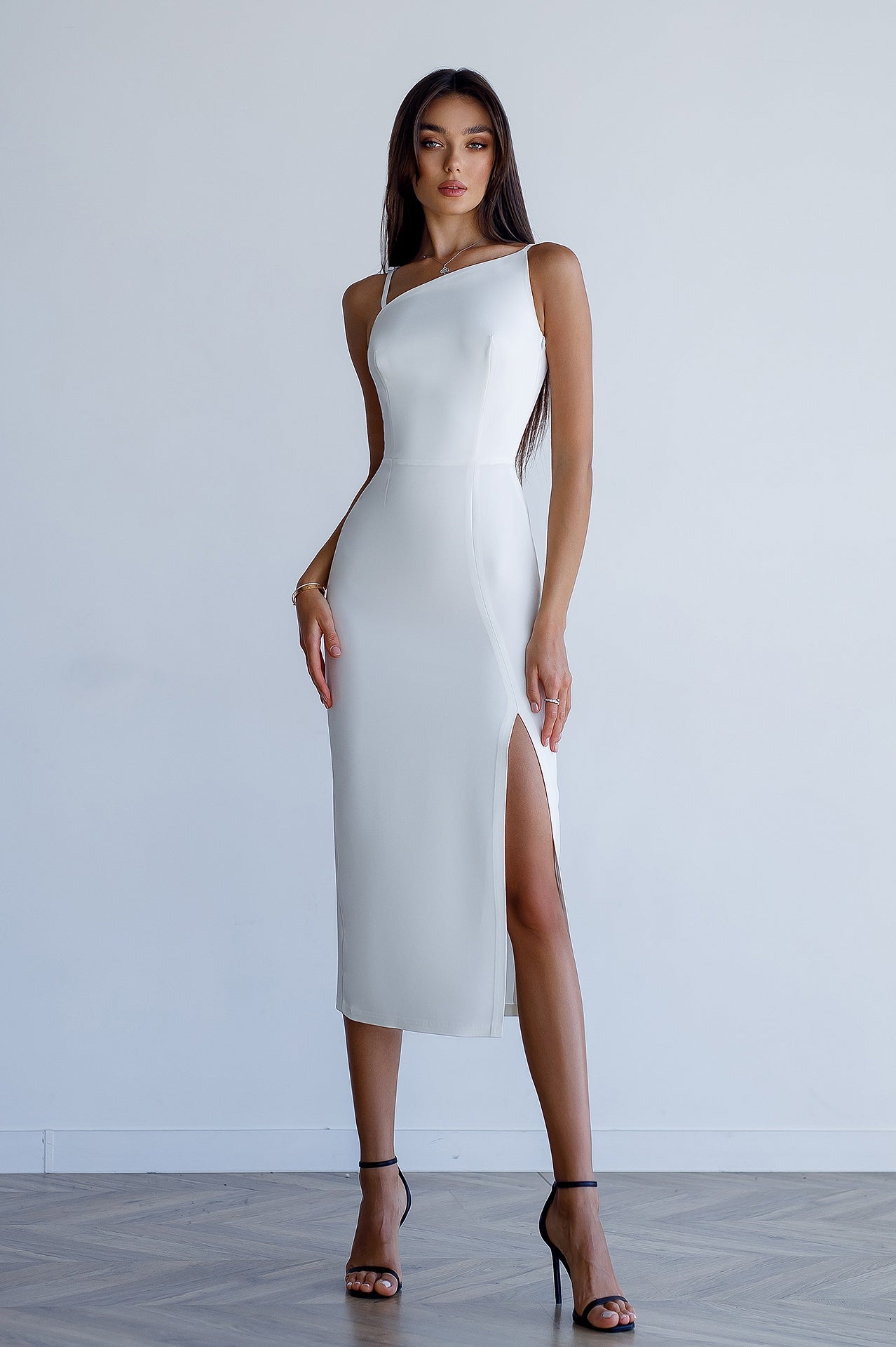 Adriana White Asymmetric Neckline Midi Dress