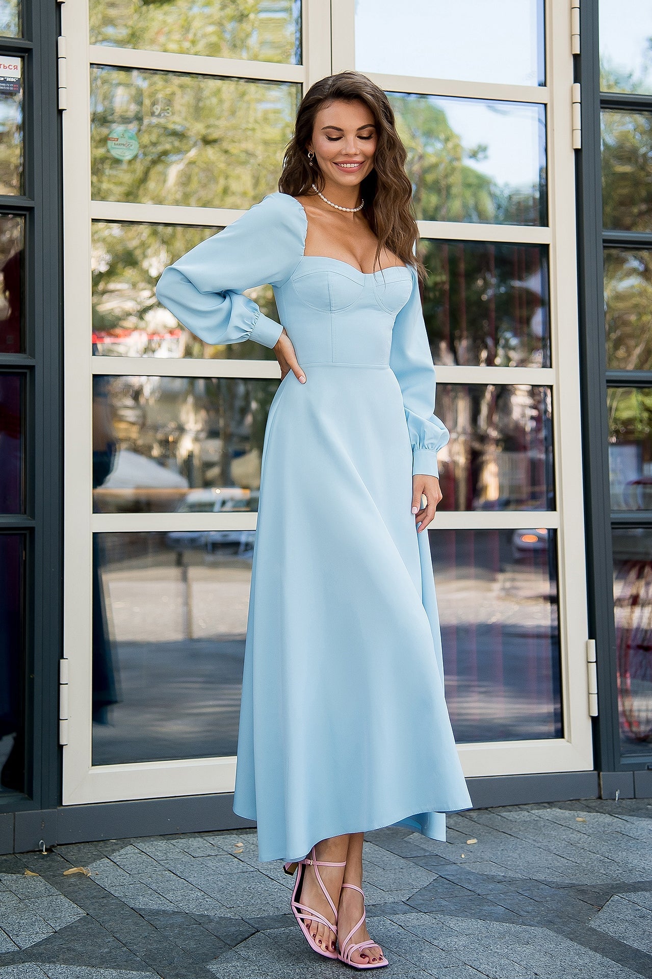 Adriana Sky-Blue Puff-Sleeve Bustier Midi Dress