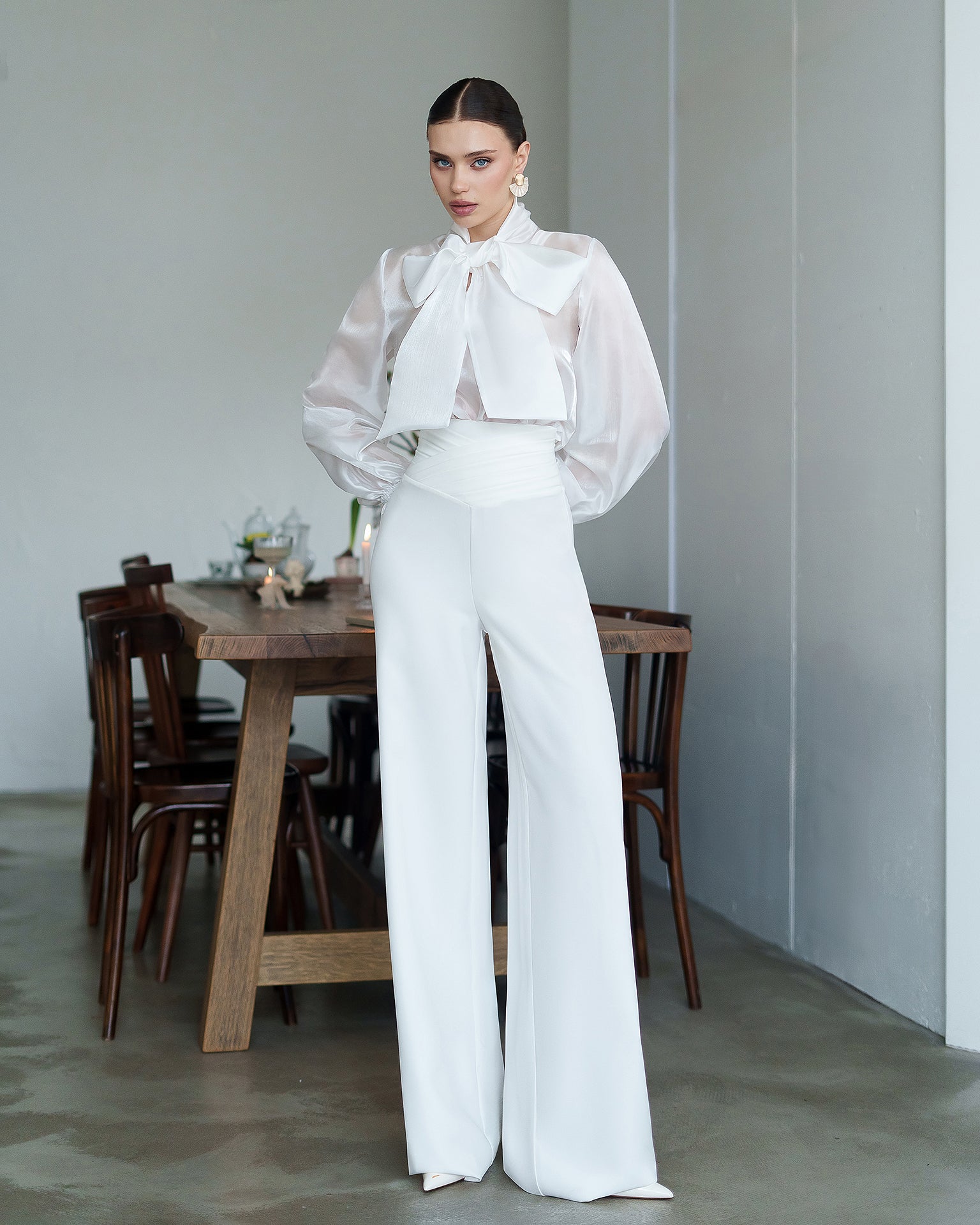 Francesca White Draped Waist Wide-Leg Pants