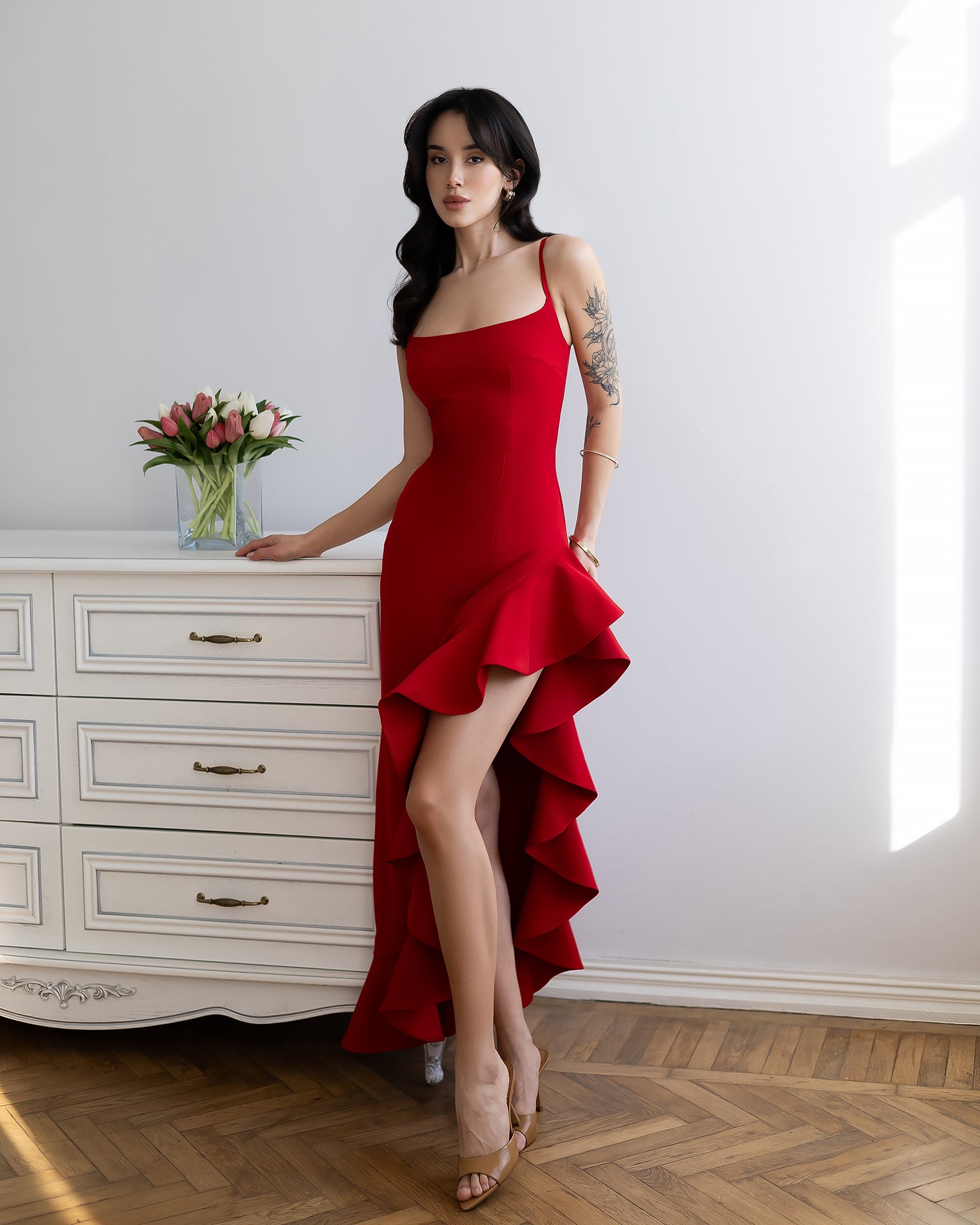 Bianca Red Asymmetric Ruffled Slip Midi Dress - front view | ELAGIA