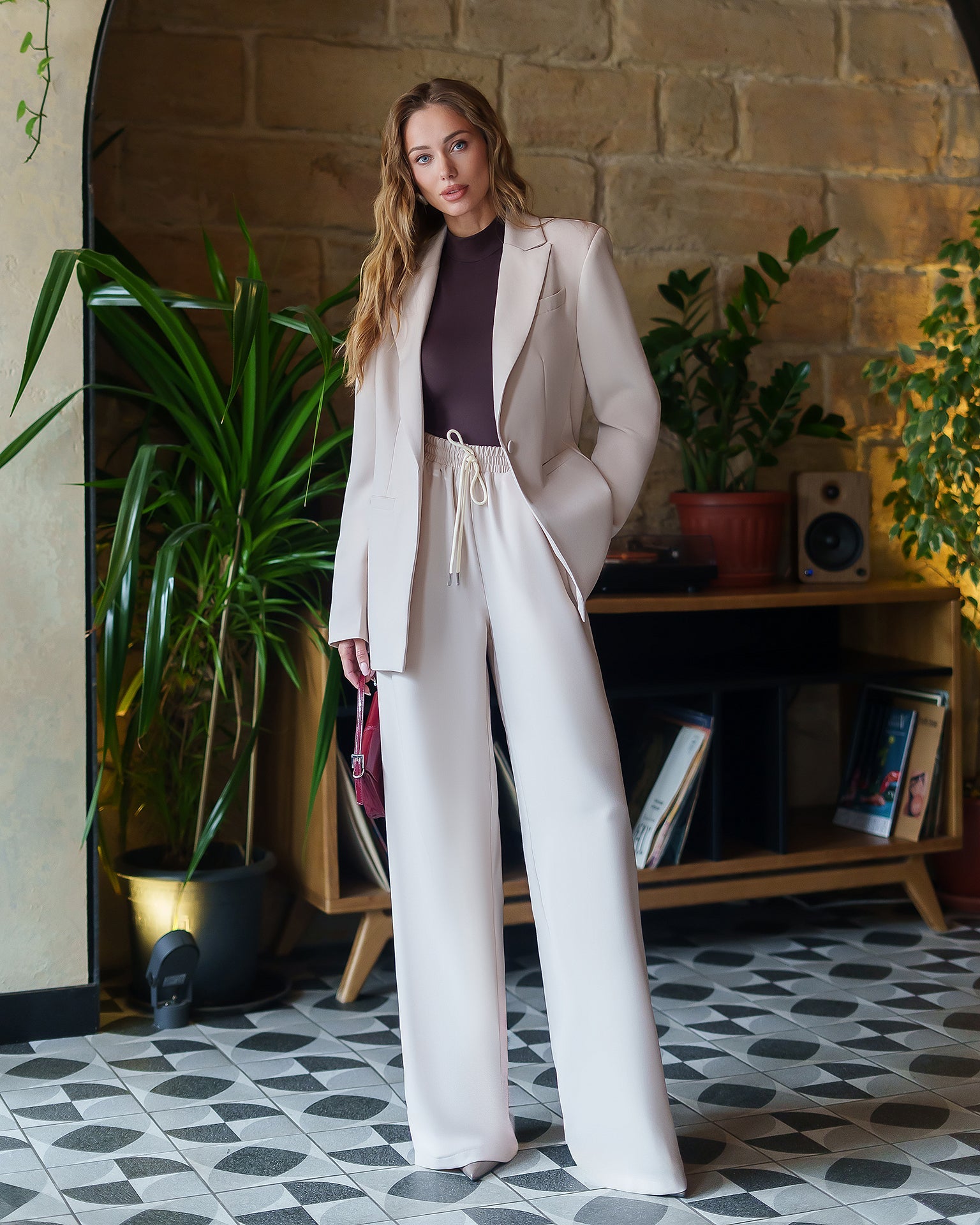 Camilla Beige Peak Lapel Wide-Leg Suit Three-Piece