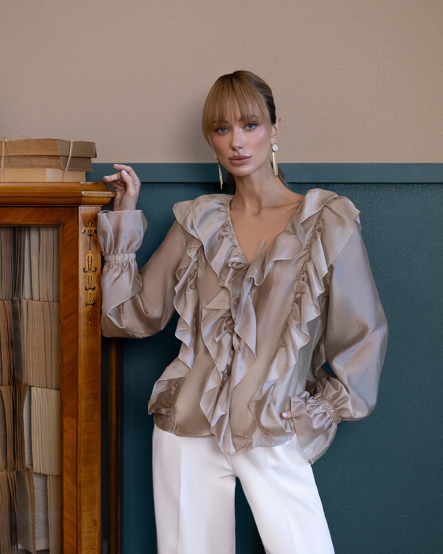 Adriana Mocca Ruffled V-Neck Tencel Voile Blouse