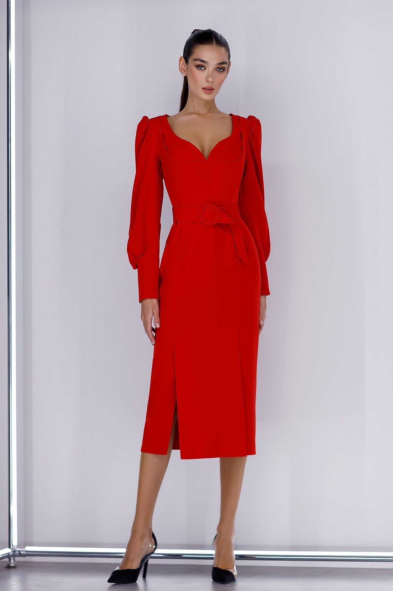 Adriana Red Puff-Sleeve Belted Midi Dress