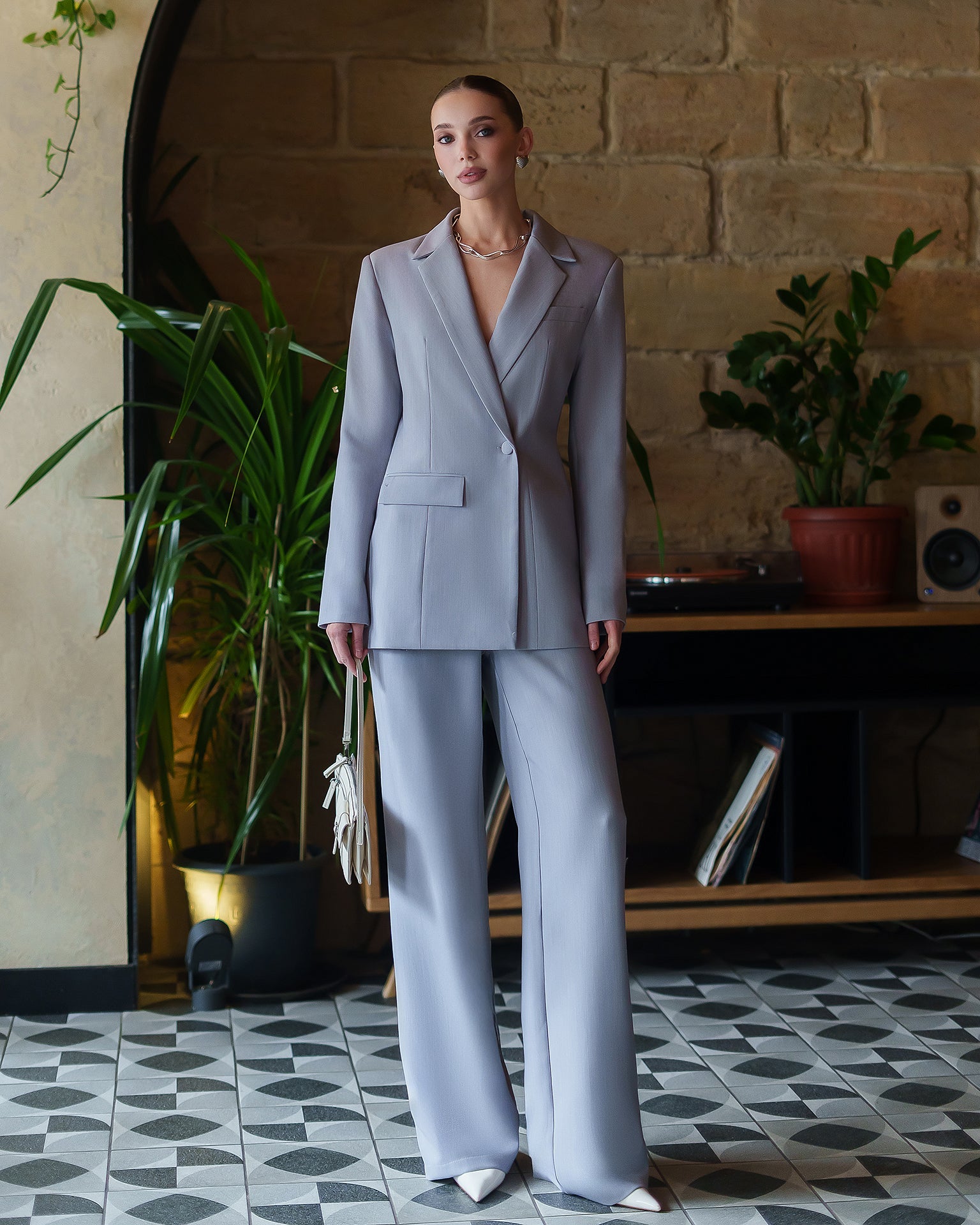 Beatrice Grey Notched Lapel Relaxed Wide-Leg Two-Piece Suit