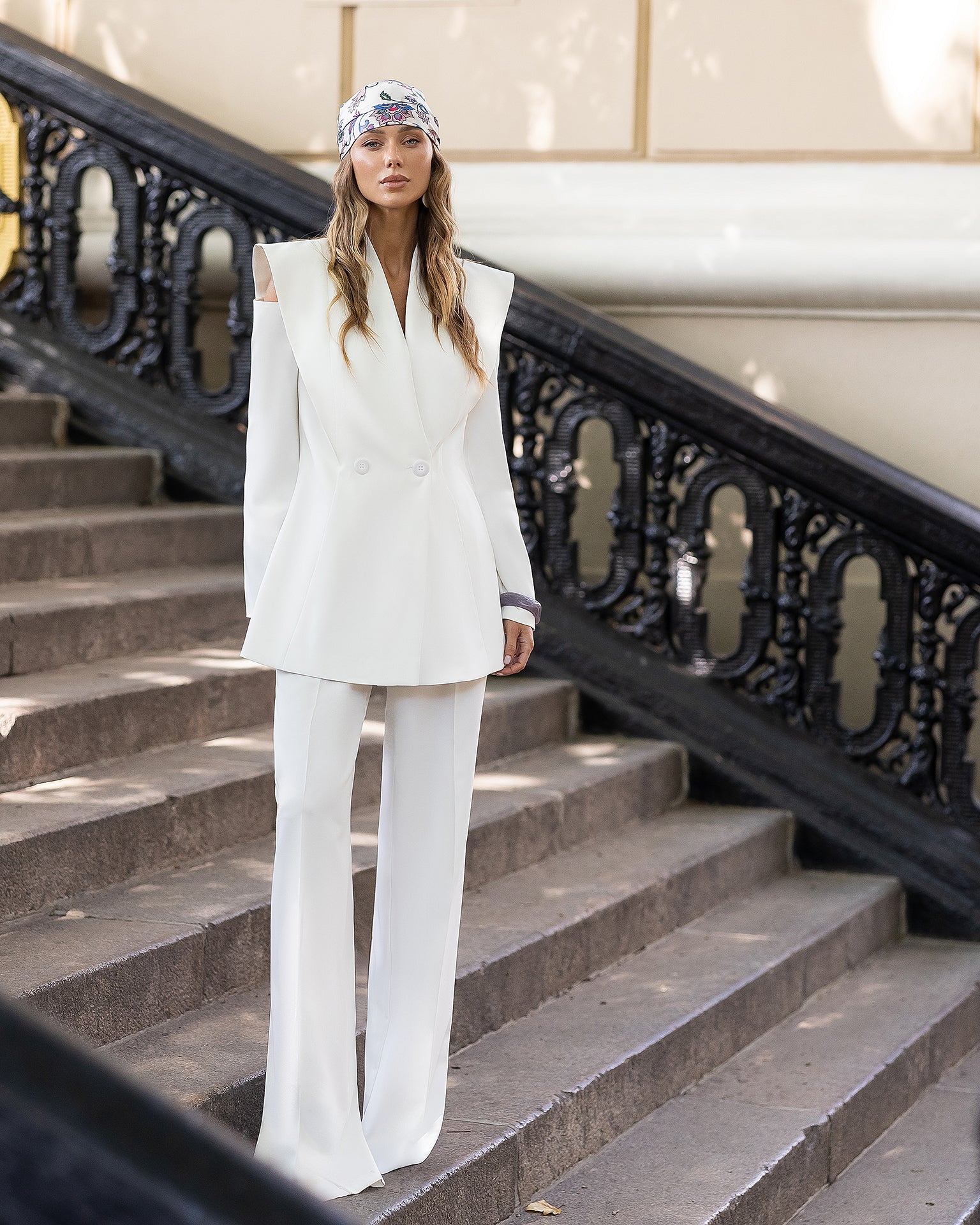 Francesca White Double-Breasted Cutout-Shoulder Blazer Two-Piece