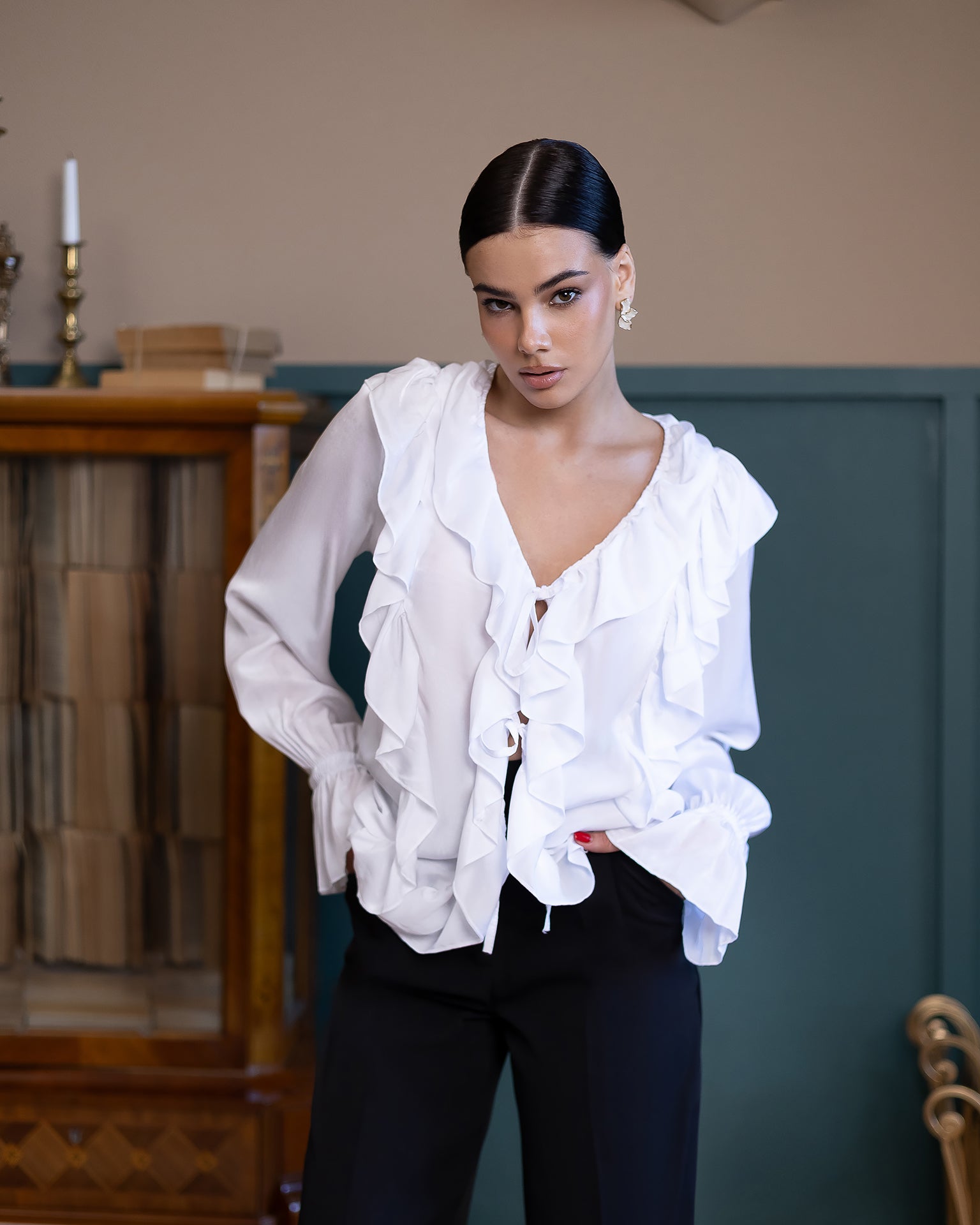 Adriana White Ruffled V-Neck Tencel Voile Blouse