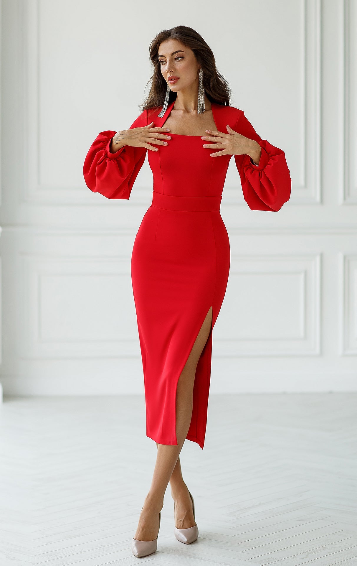Camilla Red Square Neck Puff Sleeve Midi Dress