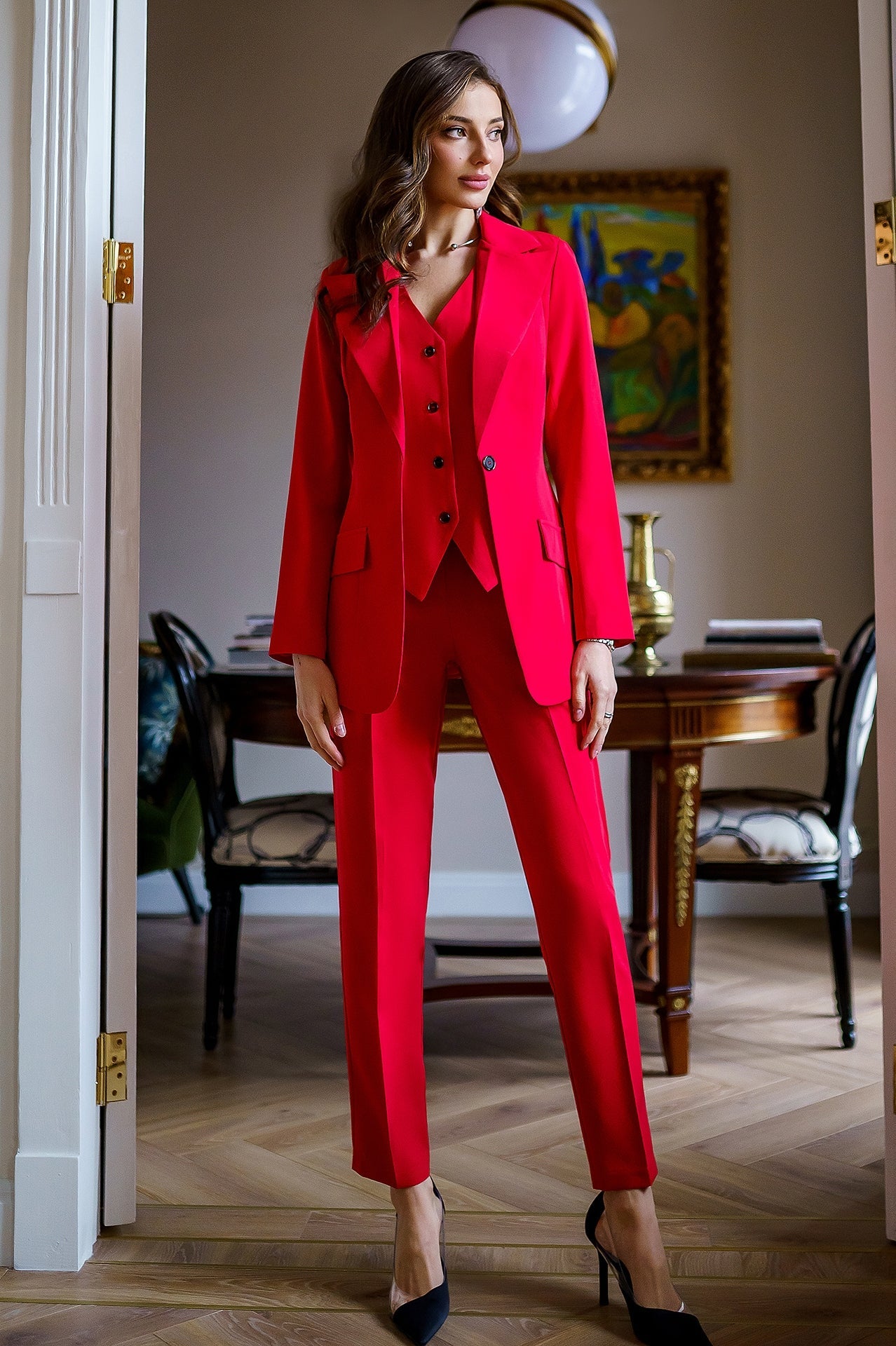 Adriana Red Slim-Fit Three-Piece Office Suit