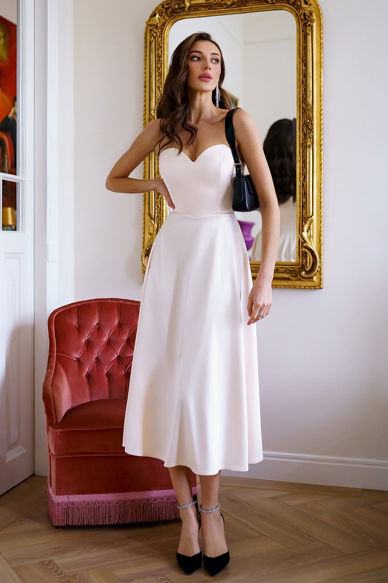 Beatrice White Satin Corseted Strapless Midi Dress