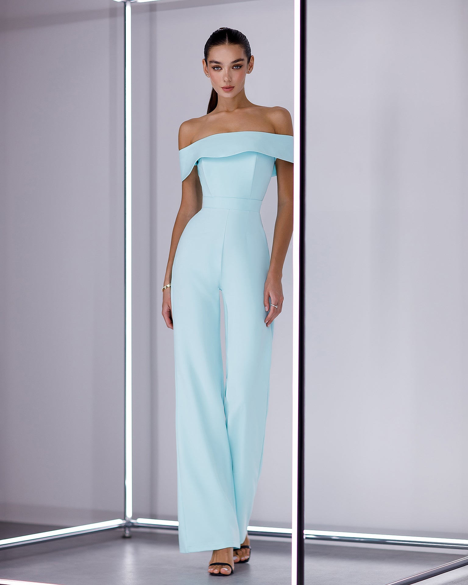 Eleonora Mint Off-the-Shoulder Corseted Wide-Leg Jumpsuit