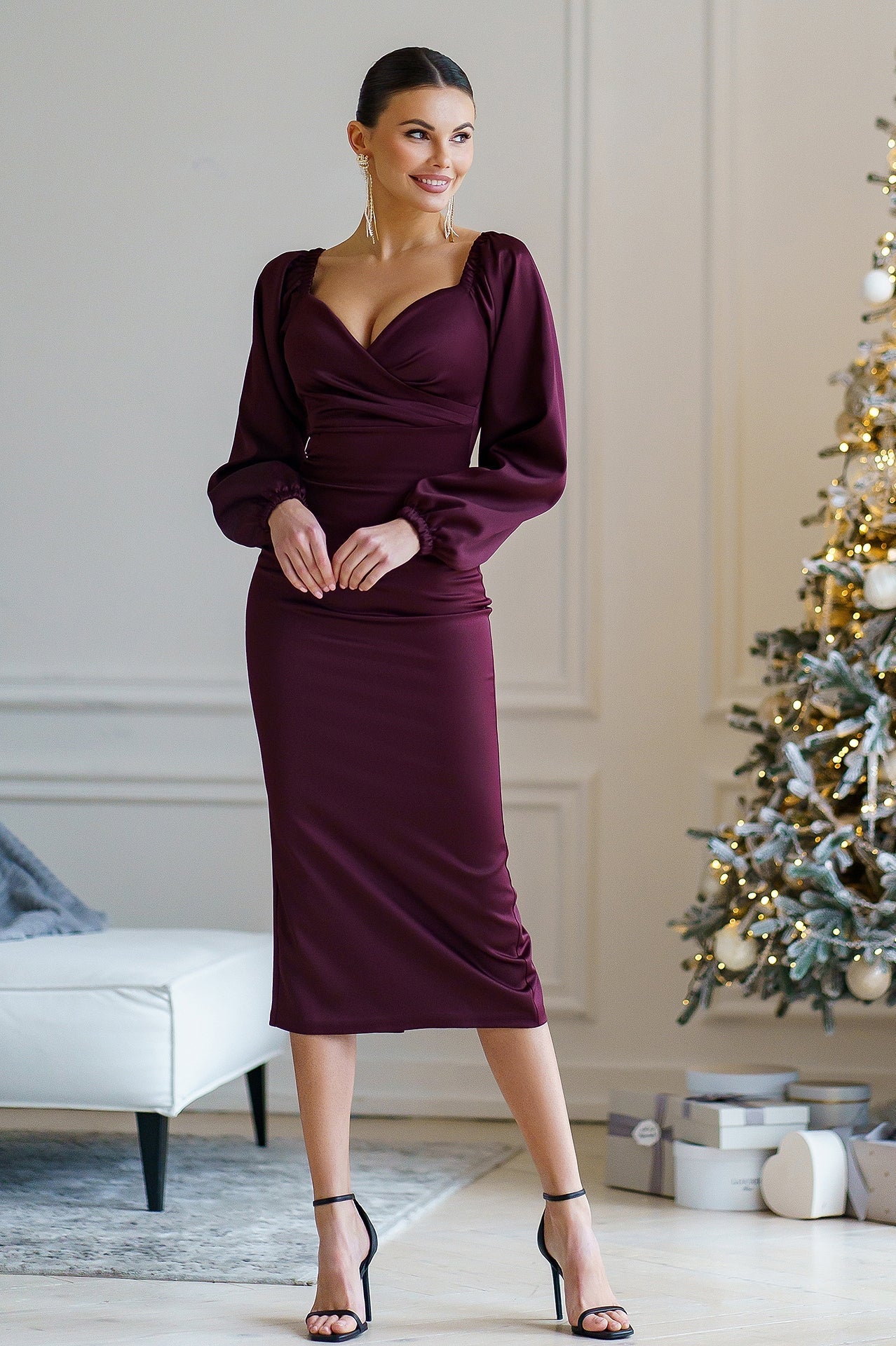 Adriana Bordeaux Satin Puff-Sleeve Midi Dress