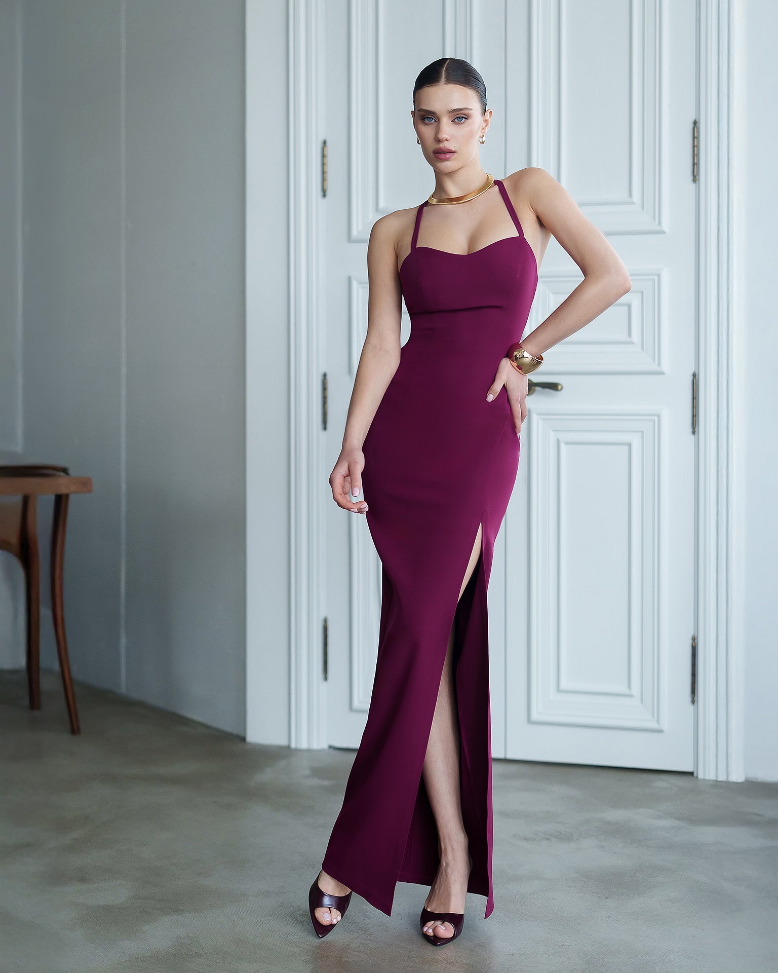 Adriana Bordeaux Sweetheart High-Slit Maxi Dress