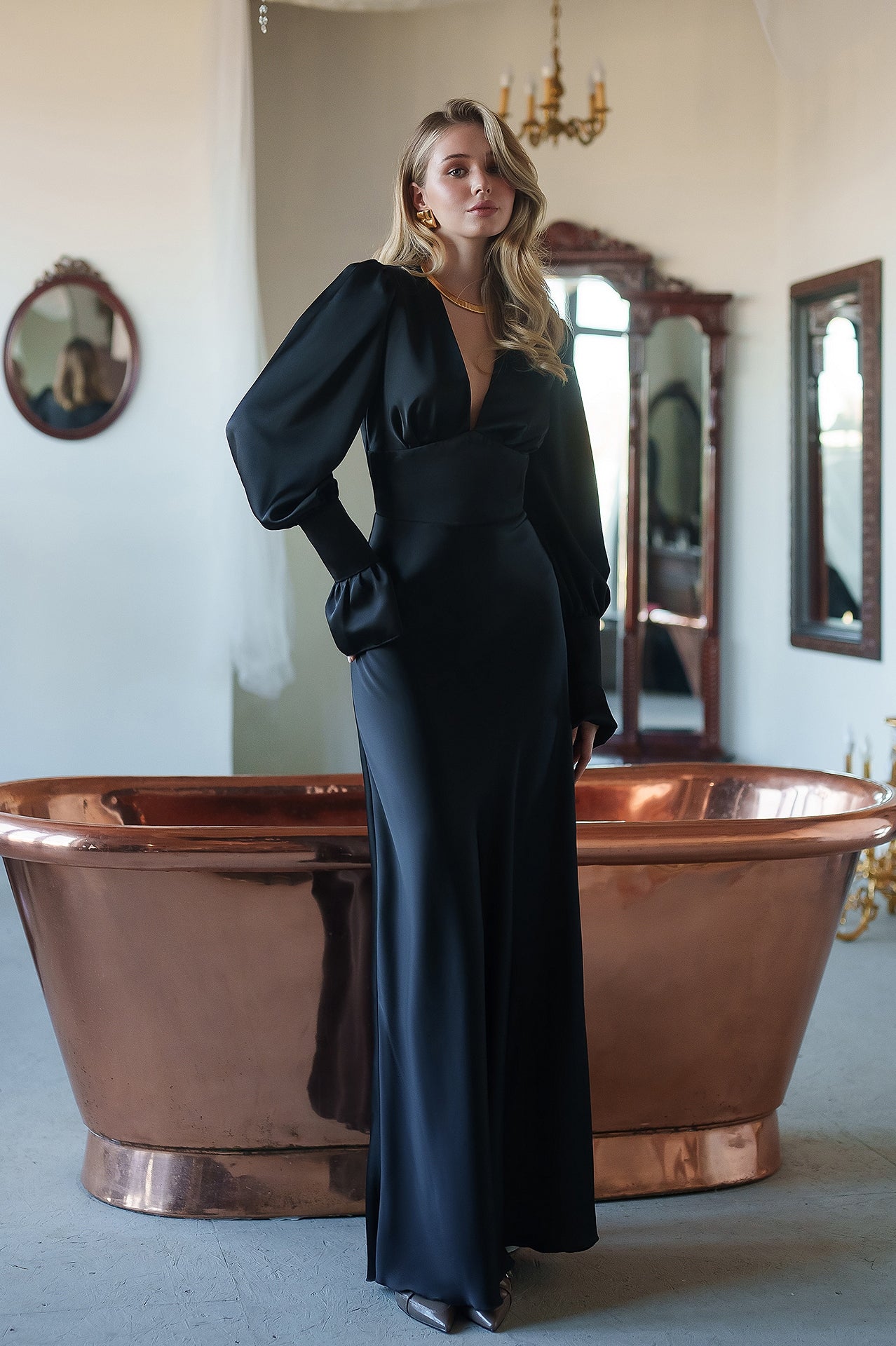 Francesca Black Satin V-Neck Puff-Sleeve Maxi Dress