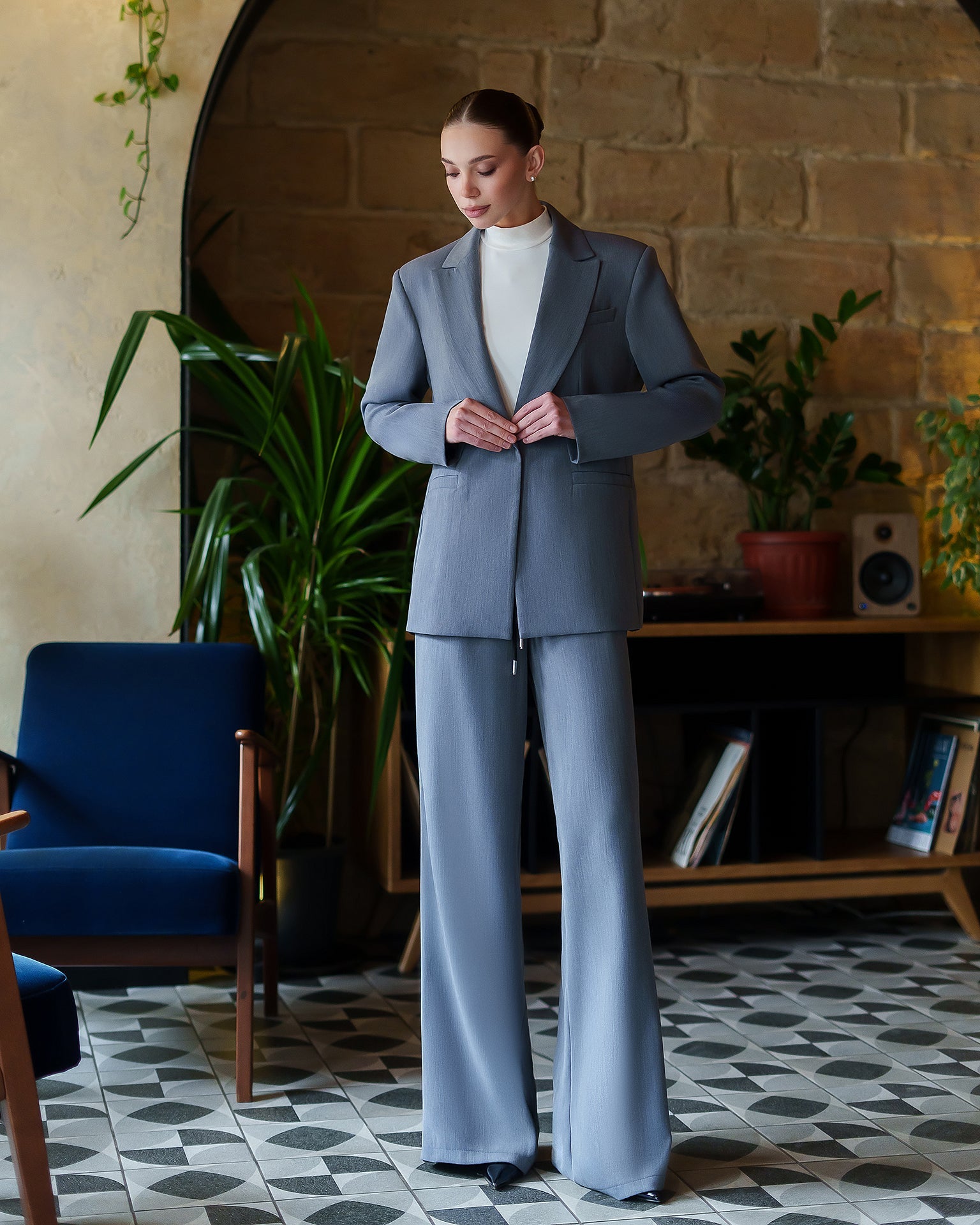 Camilla Grey Peak Lapel Wide-Leg Suit Three-Piece