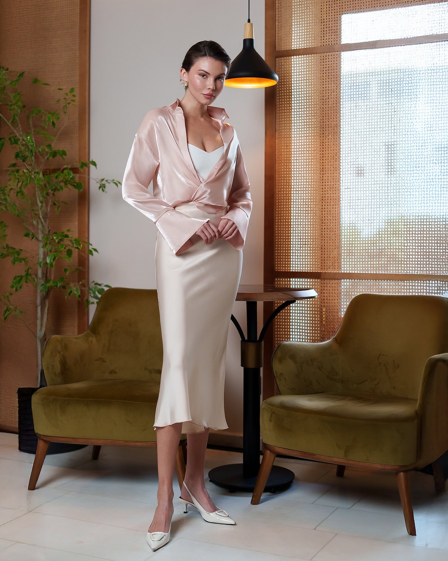 Francesca Beige Satin High-Waisted Midi Slip Skirt