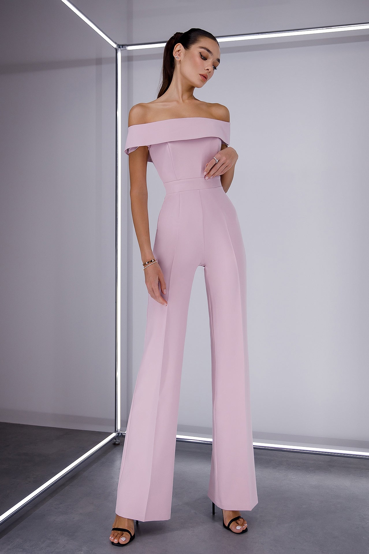 Eleonora Dusty Pink Off-the-Shoulder Corseted Wide-Leg Jumpsuit