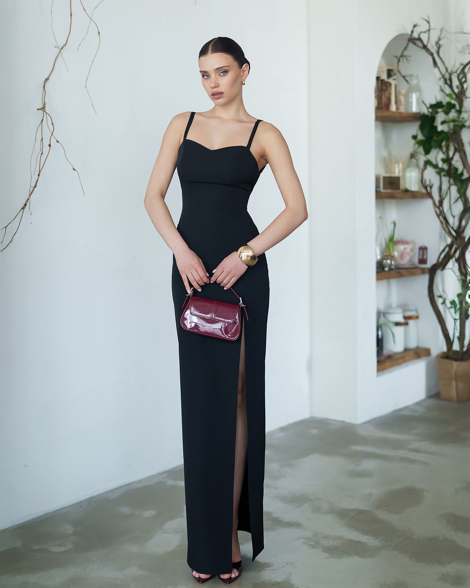 Adriana Black Sweetheart High-Slit Maxi Dress